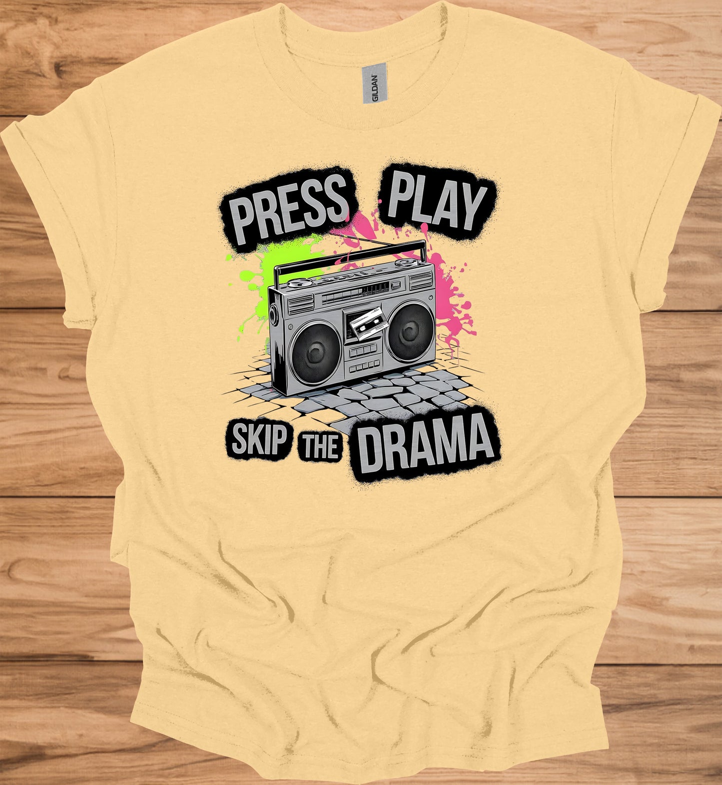 Press Play on Positivity: Retro Boombox Art, Grunge Street Style, 80s Music Nostalgia - Graphic Tee Shirt