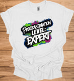 Procrastination Prowess: Graffiti-Style Typography, Vibrant Splatter Background, Humorous Self-Deprecating Message - Graphic Tee Shirt