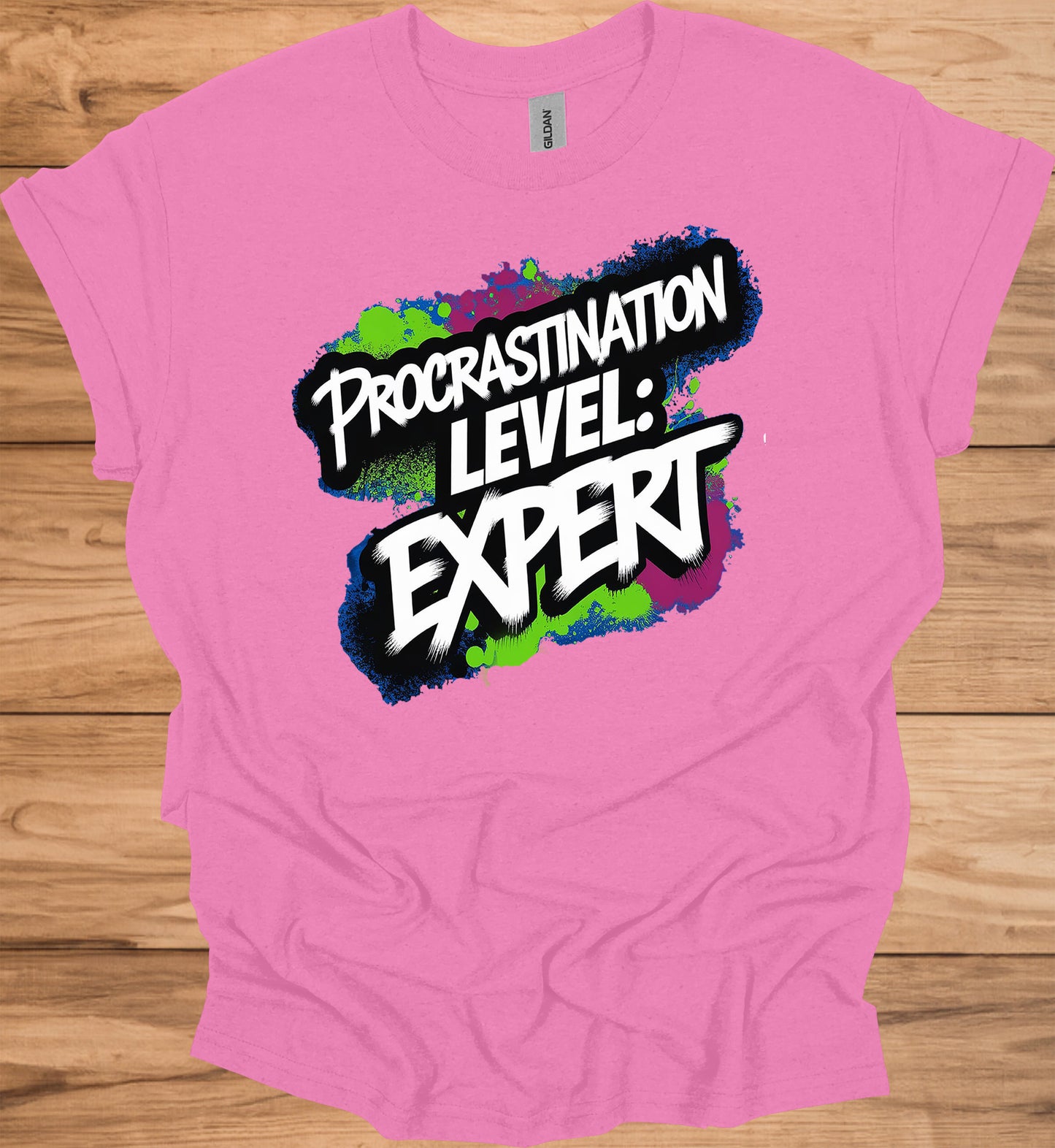 Procrastination Prowess: Graffiti-Style Typography, Vibrant Splatter Background, Humorous Self-Deprecating Message - Graphic Tee Shirt