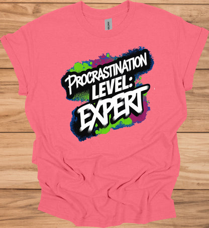 Procrastination Prowess: Graffiti-Style Typography, Vibrant Splatter Background, Humorous Self-Deprecating Message - Graphic Tee Shirt