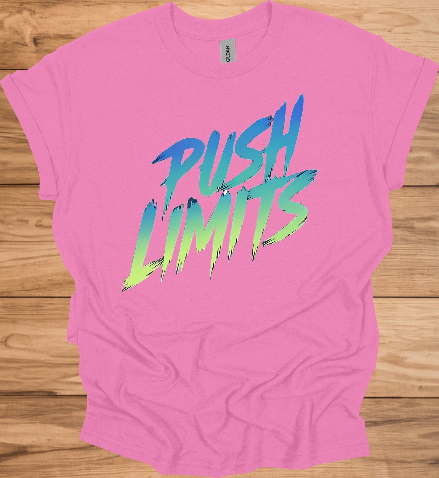 Push Limits: Vibrant Graffiti Logo, Gradient Ombre Design, Urban Motivational Branding - Graphic Tee Shirt