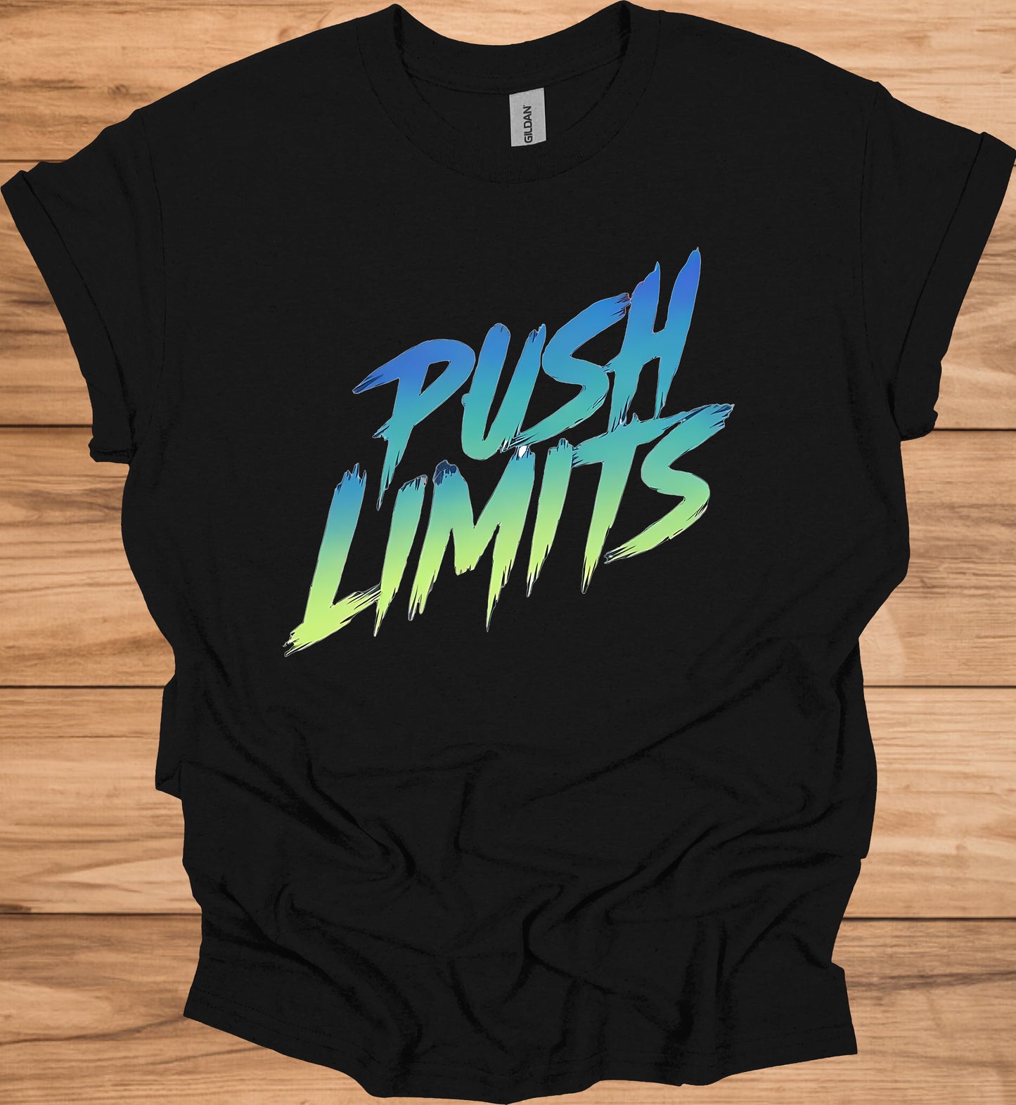 Push Limits: Vibrant Graffiti Logo, Gradient Ombre Design, Urban Motivational Branding - Graphic Tee Shirt