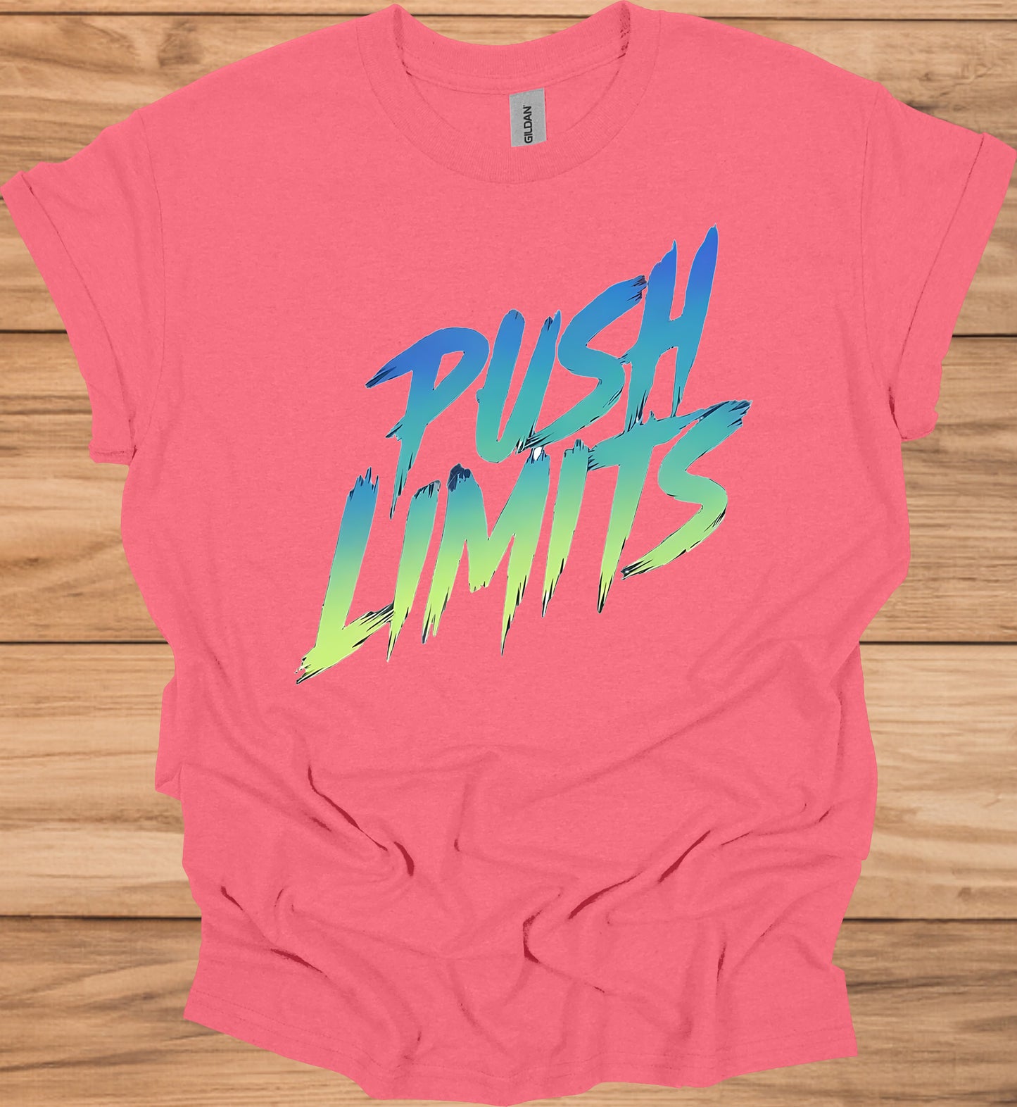 Push Limits: Vibrant Graffiti Logo, Gradient Ombre Design, Urban Motivational Branding - Graphic Tee Shirt
