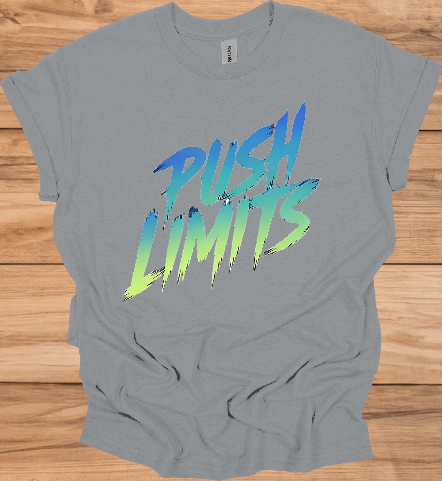 Push Limits: Vibrant Graffiti Logo, Gradient Ombre Design, Urban Motivational Branding - Graphic Tee Shirt