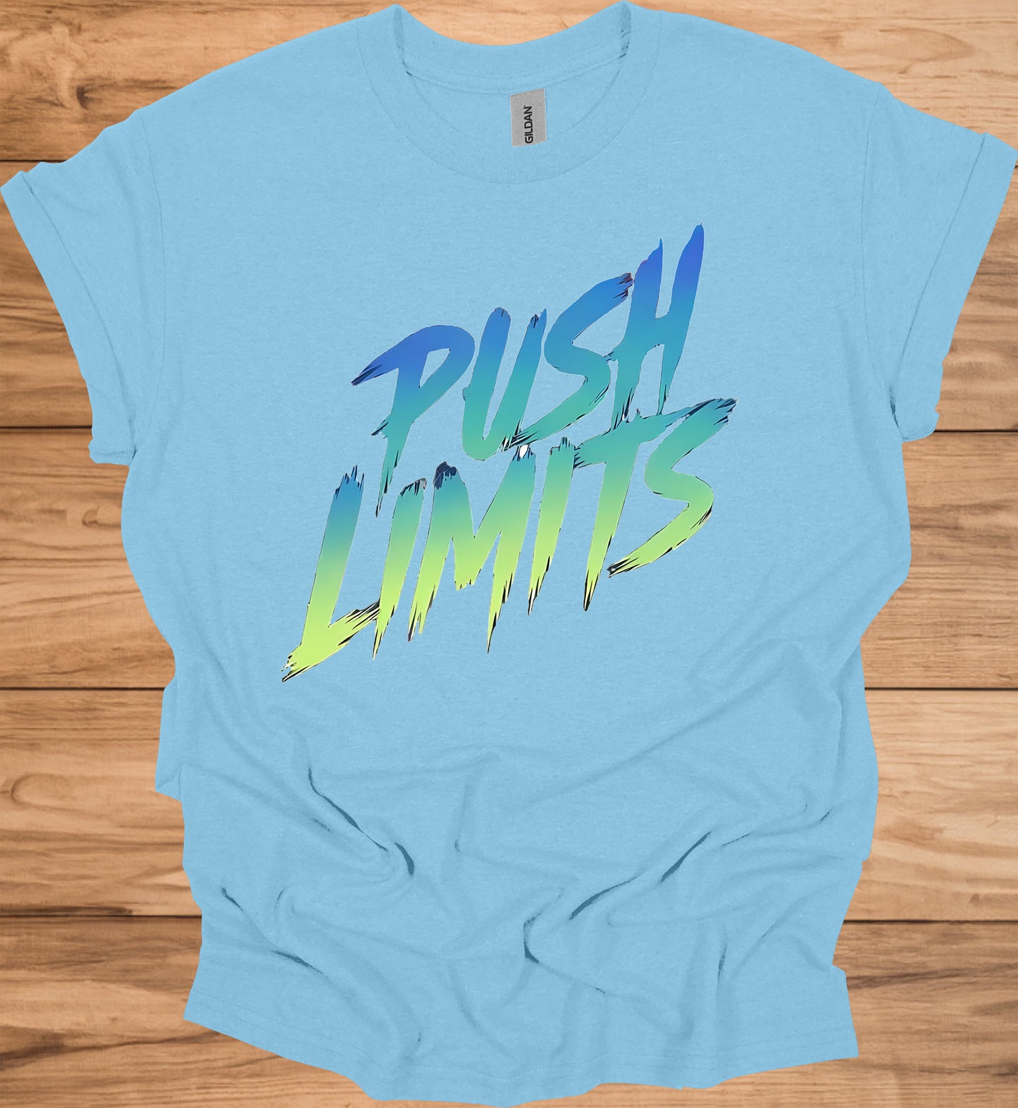 Push Limits: Vibrant Graffiti Logo, Gradient Ombre Design, Urban Motivational Branding - Graphic Tee Shirt
