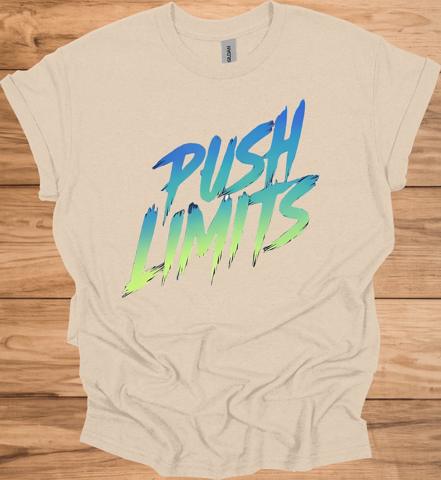 Push Limits: Vibrant Graffiti Logo, Gradient Ombre Design, Urban Motivational Branding - Graphic Tee Shirt