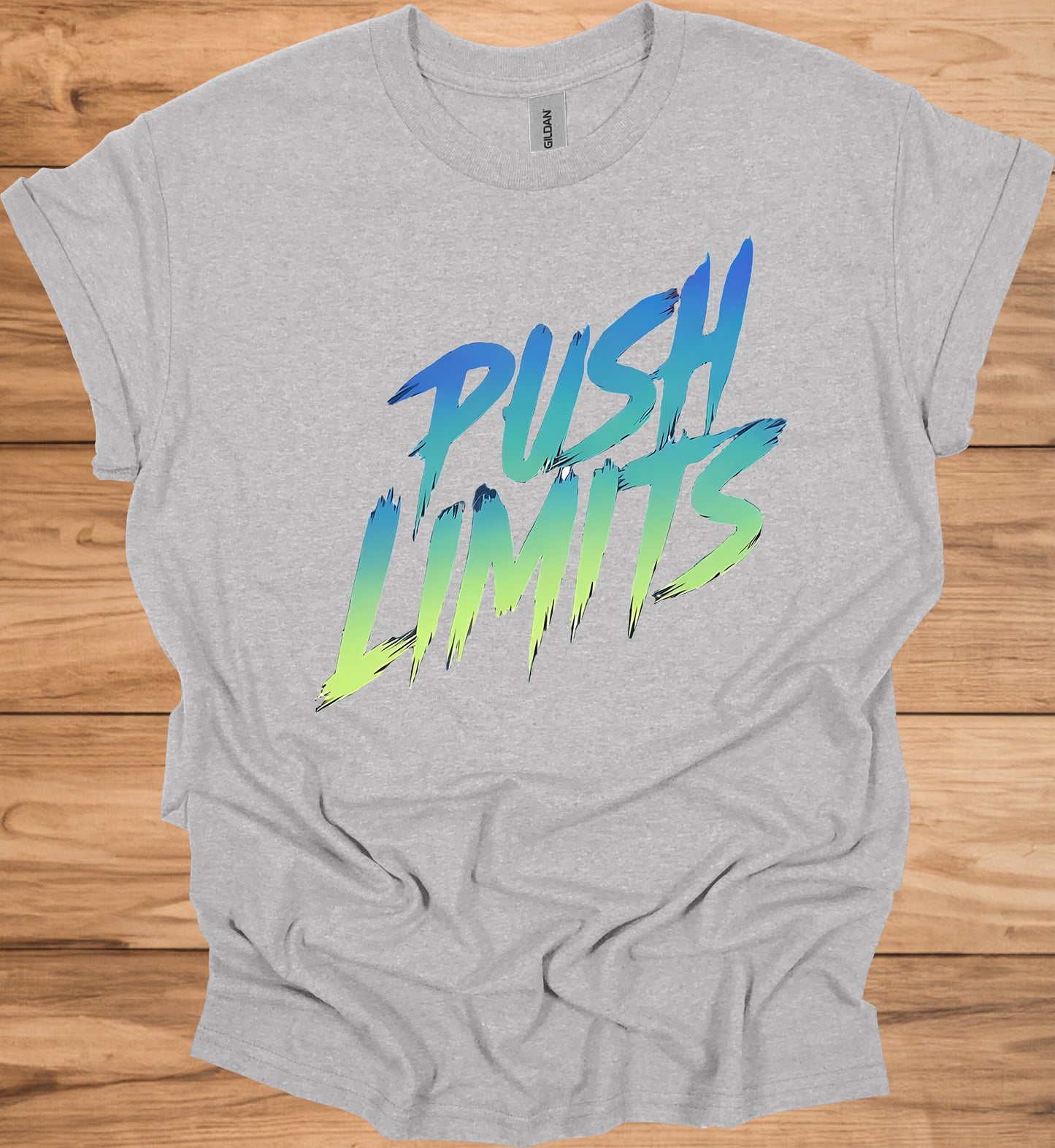 Push Limits: Vibrant Graffiti Logo, Gradient Ombre Design, Urban Motivational Branding - Graphic Tee Shirt