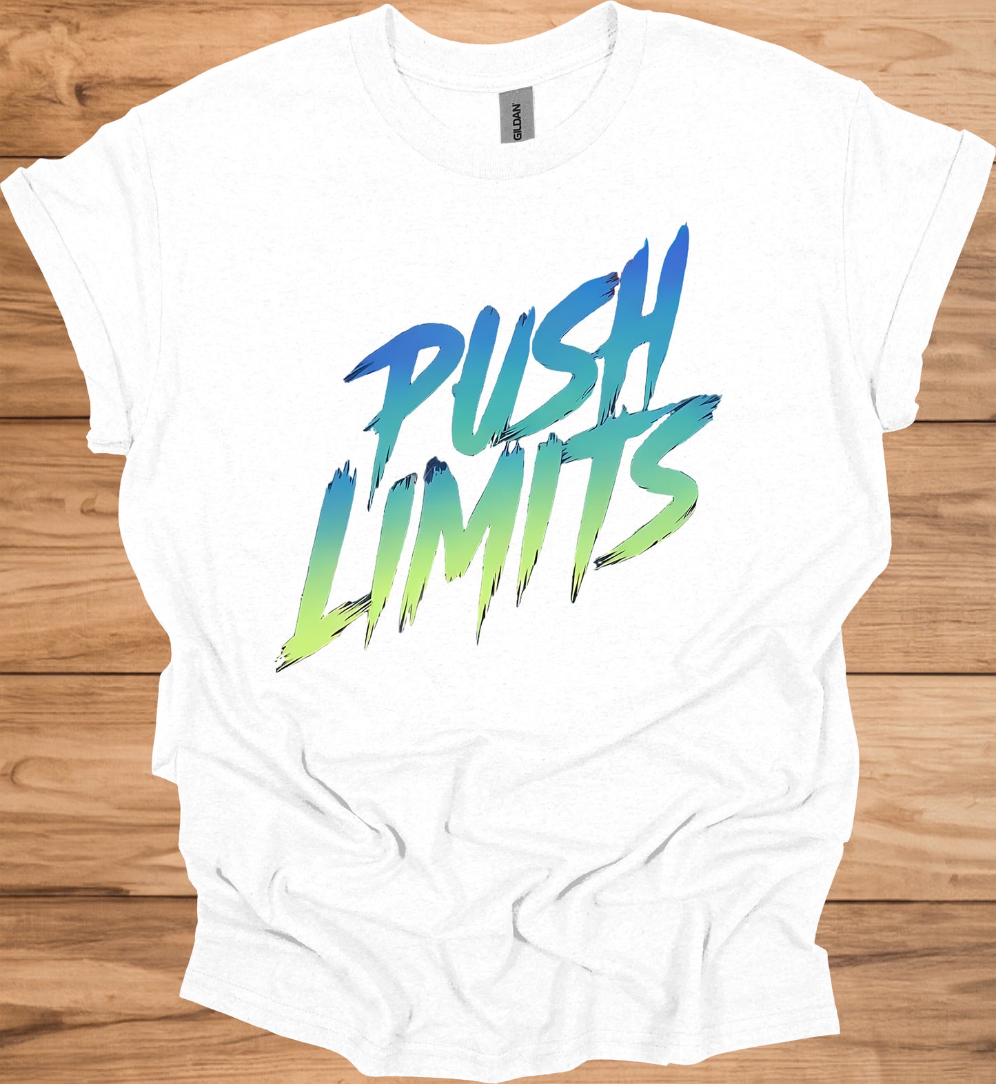 Push Limits: Vibrant Graffiti Logo, Gradient Ombre Design, Urban Motivational Branding - Graphic Tee Shirt