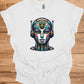 Cyber Sentinel: Futuristic Robot Face, Geometric Tribal Fusion, Digital Sci-Fi Illustration - Graphic Tee Shirt