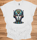 Cyber Sentinel: Futuristic Robot Face, Geometric Tribal Fusion, Digital Sci-Fi Illustration - Graphic Tee Shirt