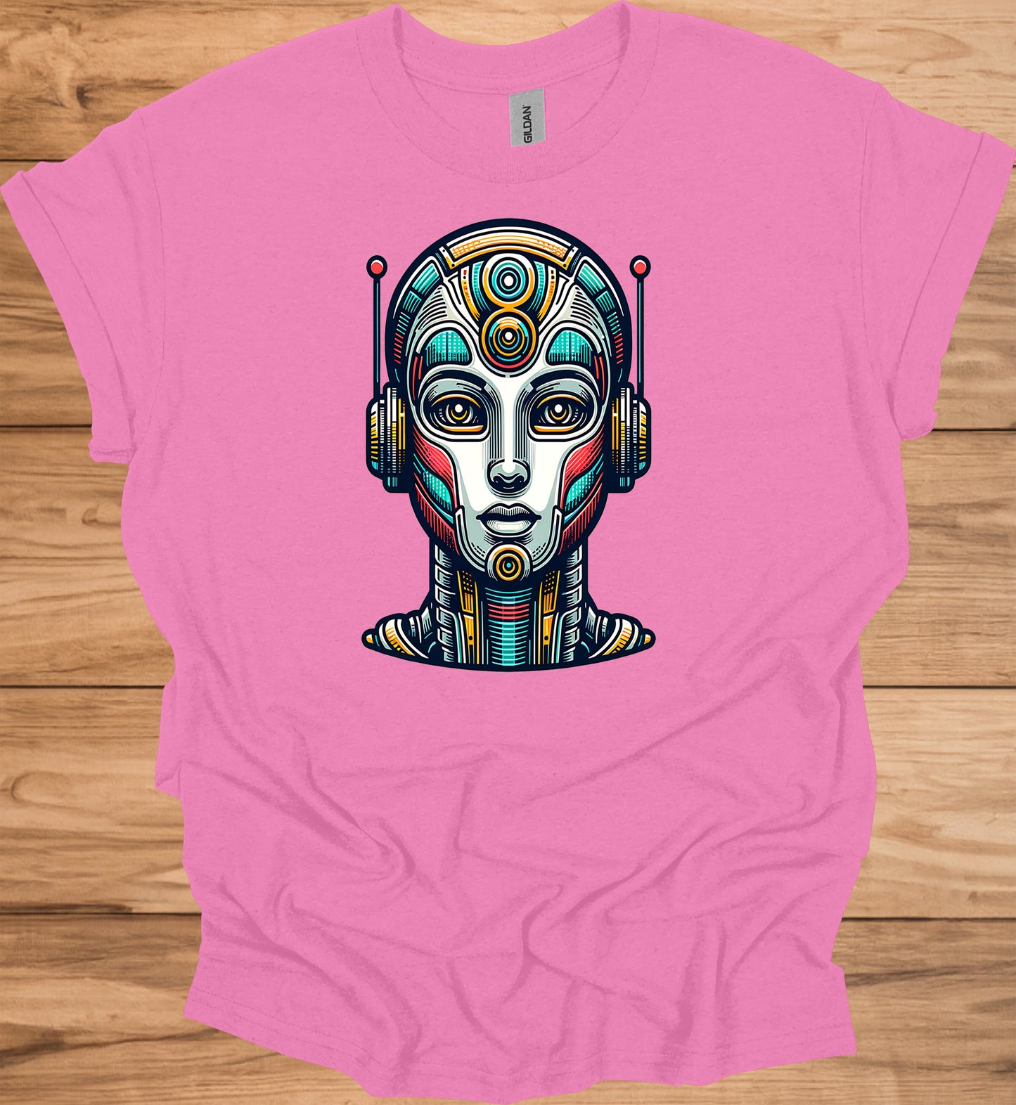 Cyber Sentinel: Futuristic Robot Face, Geometric Tribal Fusion, Digital Sci-Fi Illustration - Graphic Tee Shirt