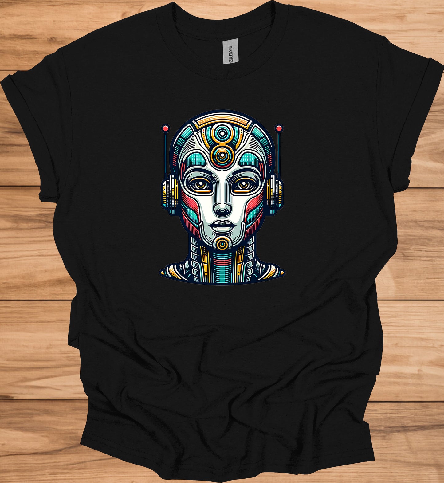 Cyber Sentinel: Futuristic Robot Face, Geometric Tribal Fusion, Digital Sci-Fi Illustration - Graphic Tee Shirt