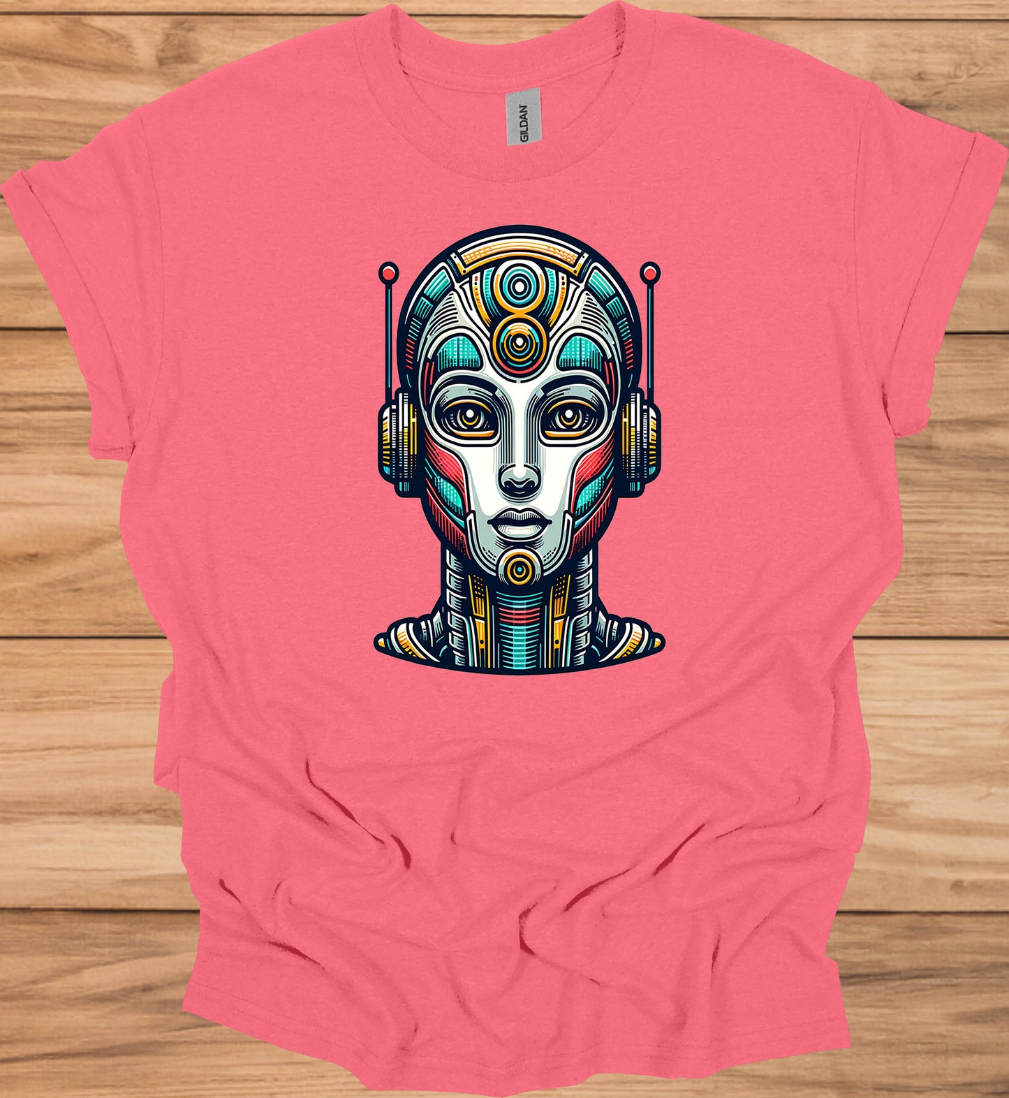 Cyber Sentinel: Futuristic Robot Face, Geometric Tribal Fusion, Digital Sci-Fi Illustration - Graphic Tee Shirt