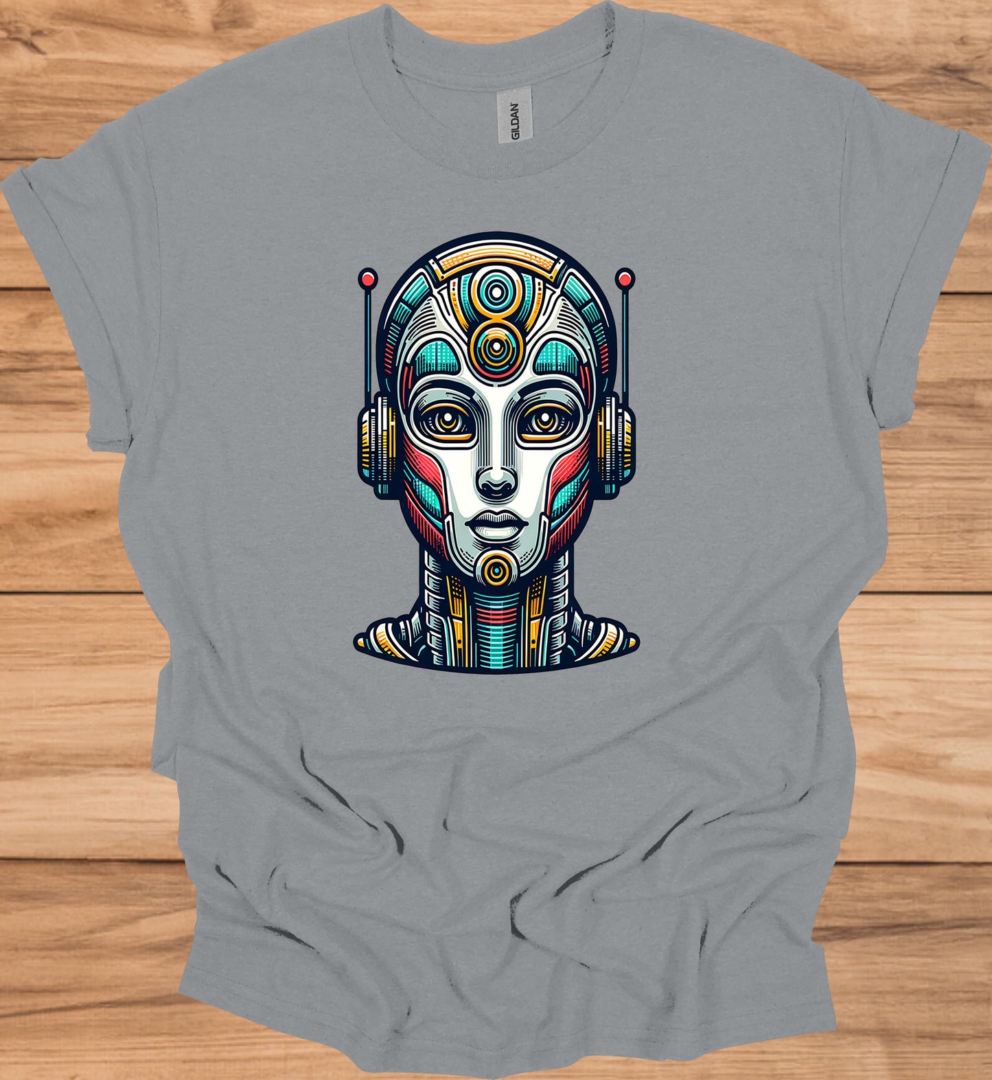 Cyber Sentinel: Futuristic Robot Face, Geometric Tribal Fusion, Digital Sci-Fi Illustration - Graphic Tee Shirt