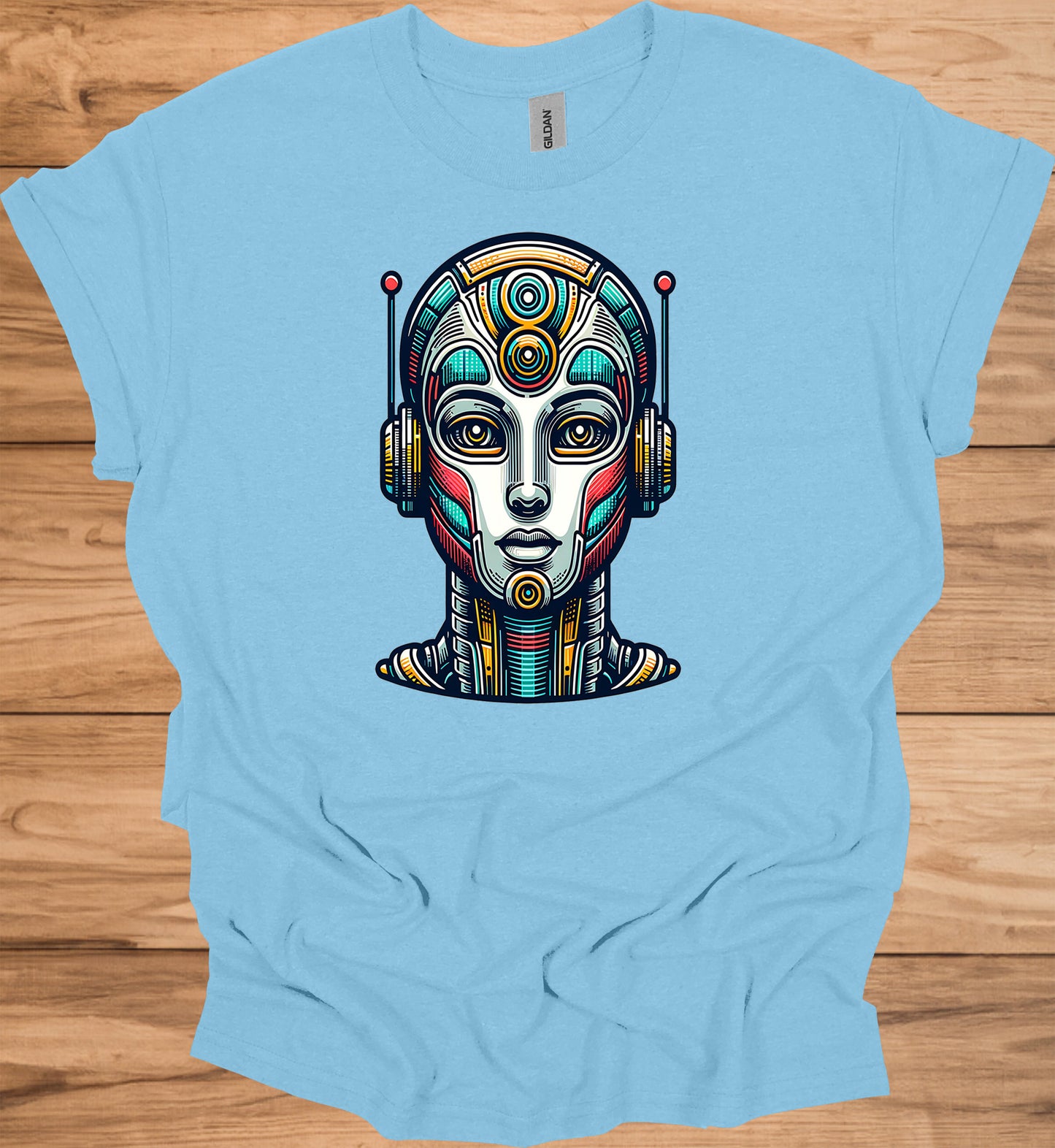 Cyber Sentinel: Futuristic Robot Face, Geometric Tribal Fusion, Digital Sci-Fi Illustration - Graphic Tee Shirt