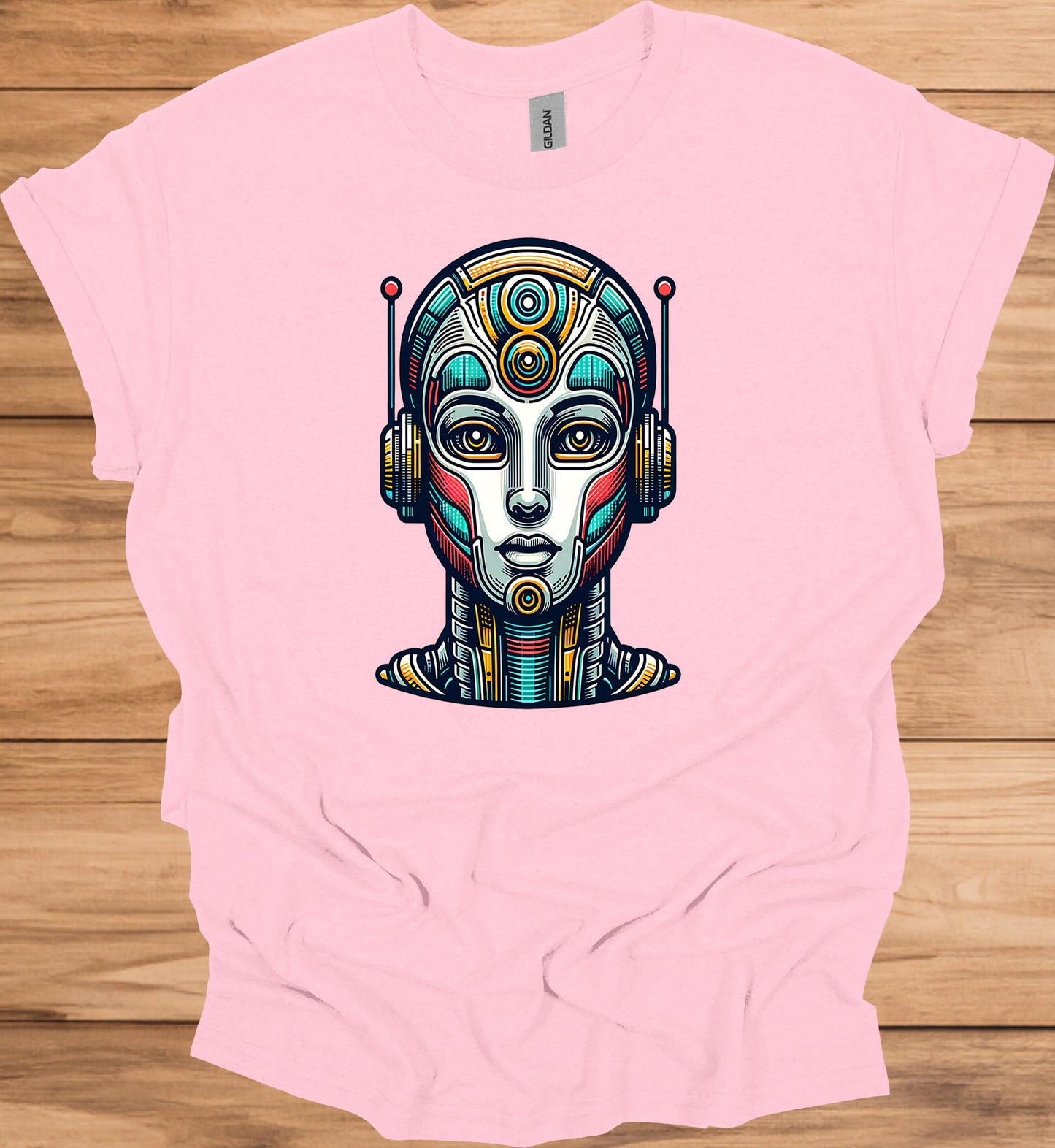 Cyber Sentinel: Futuristic Robot Face, Geometric Tribal Fusion, Digital Sci-Fi Illustration - Graphic Tee Shirt