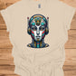 Cyber Sentinel: Futuristic Robot Face, Geometric Tribal Fusion, Digital Sci-Fi Illustration - Graphic Tee Shirt