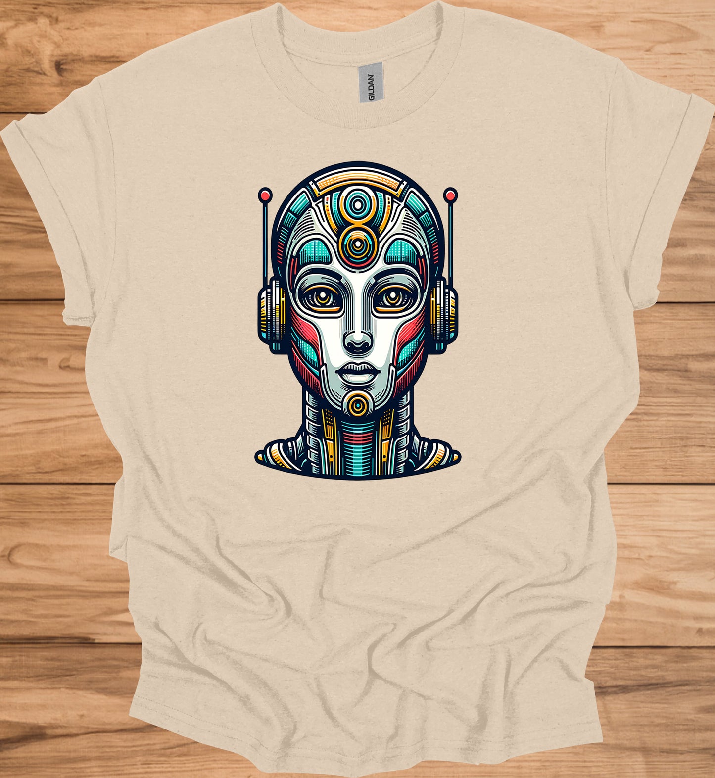Cyber Sentinel: Futuristic Robot Face, Geometric Tribal Fusion, Digital Sci-Fi Illustration - Graphic Tee Shirt