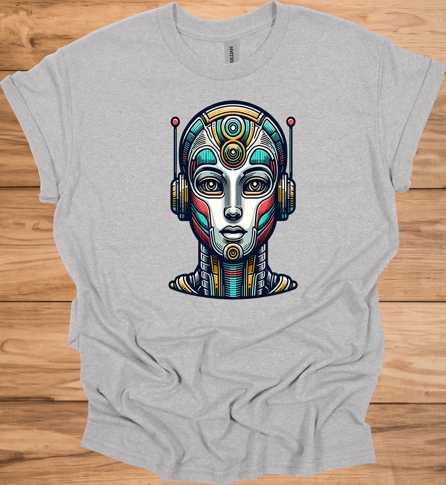 Cyber Sentinel: Futuristic Robot Face, Geometric Tribal Fusion, Digital Sci-Fi Illustration - Graphic Tee Shirt