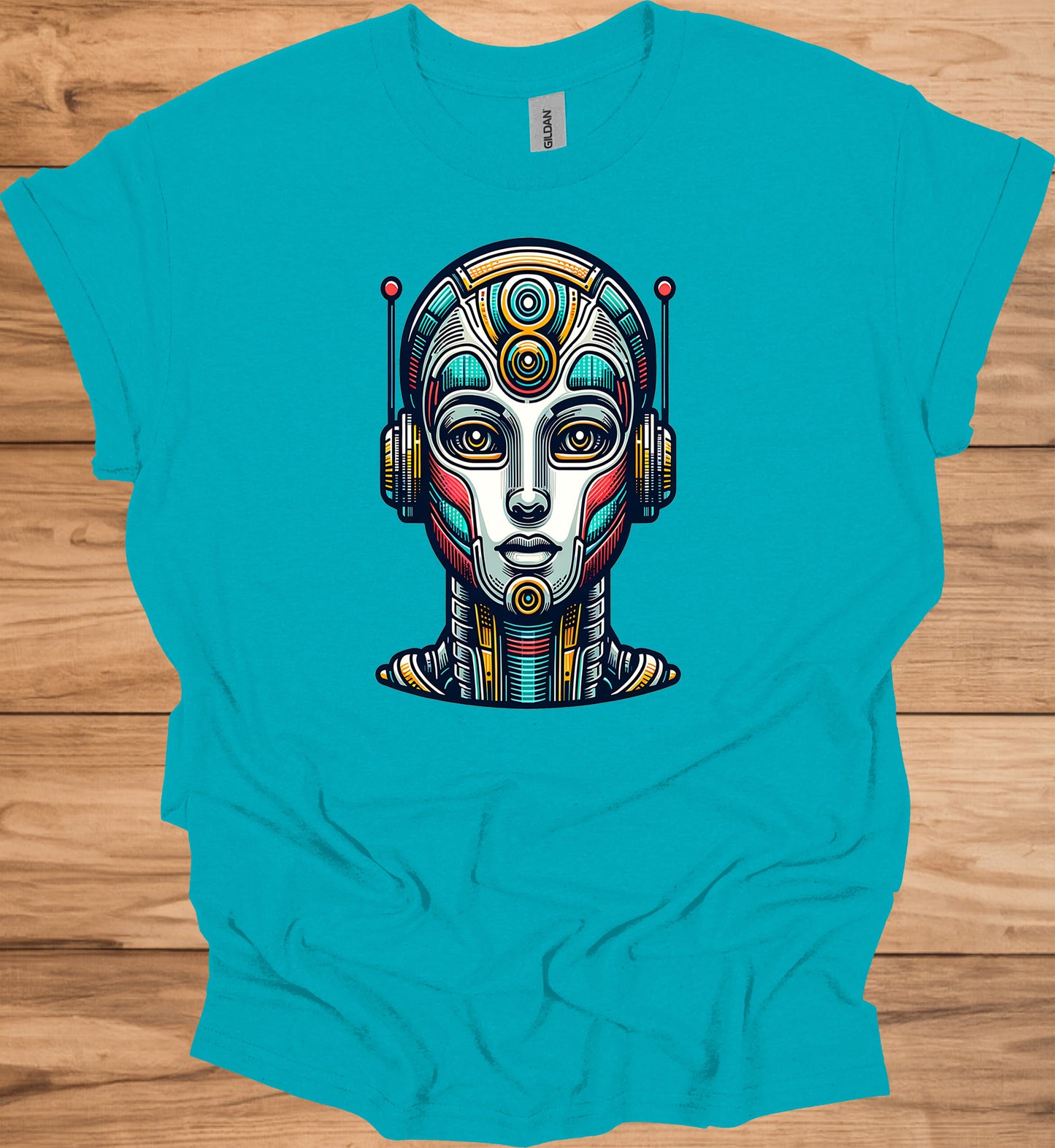 Cyber Sentinel: Futuristic Robot Face, Geometric Tribal Fusion, Digital Sci-Fi Illustration - Graphic Tee Shirt