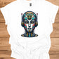 Cyber Sentinel: Futuristic Robot Face, Geometric Tribal Fusion, Digital Sci-Fi Illustration - Graphic Tee Shirt