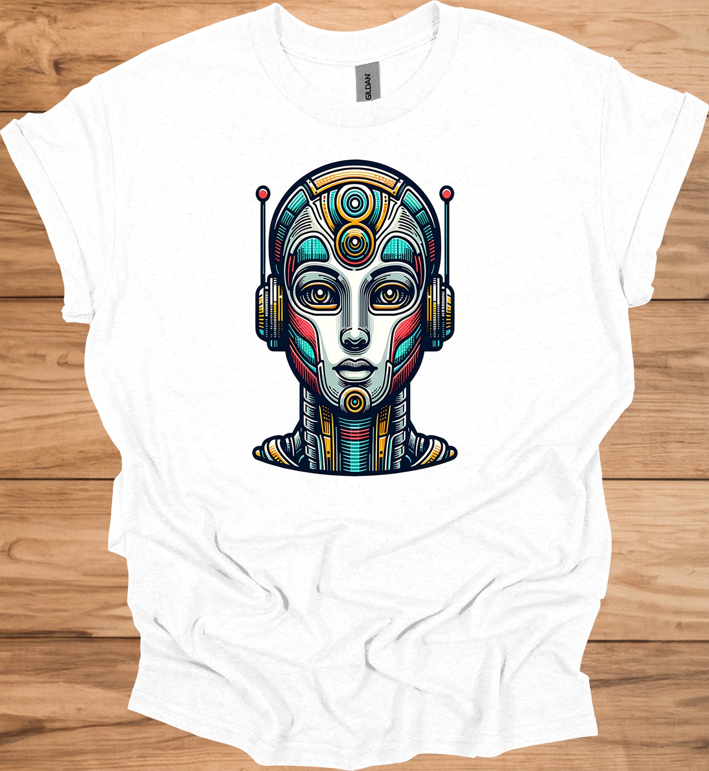 Cyber Sentinel: Futuristic Robot Face, Geometric Tribal Fusion, Digital Sci-Fi Illustration - Graphic Tee Shirt