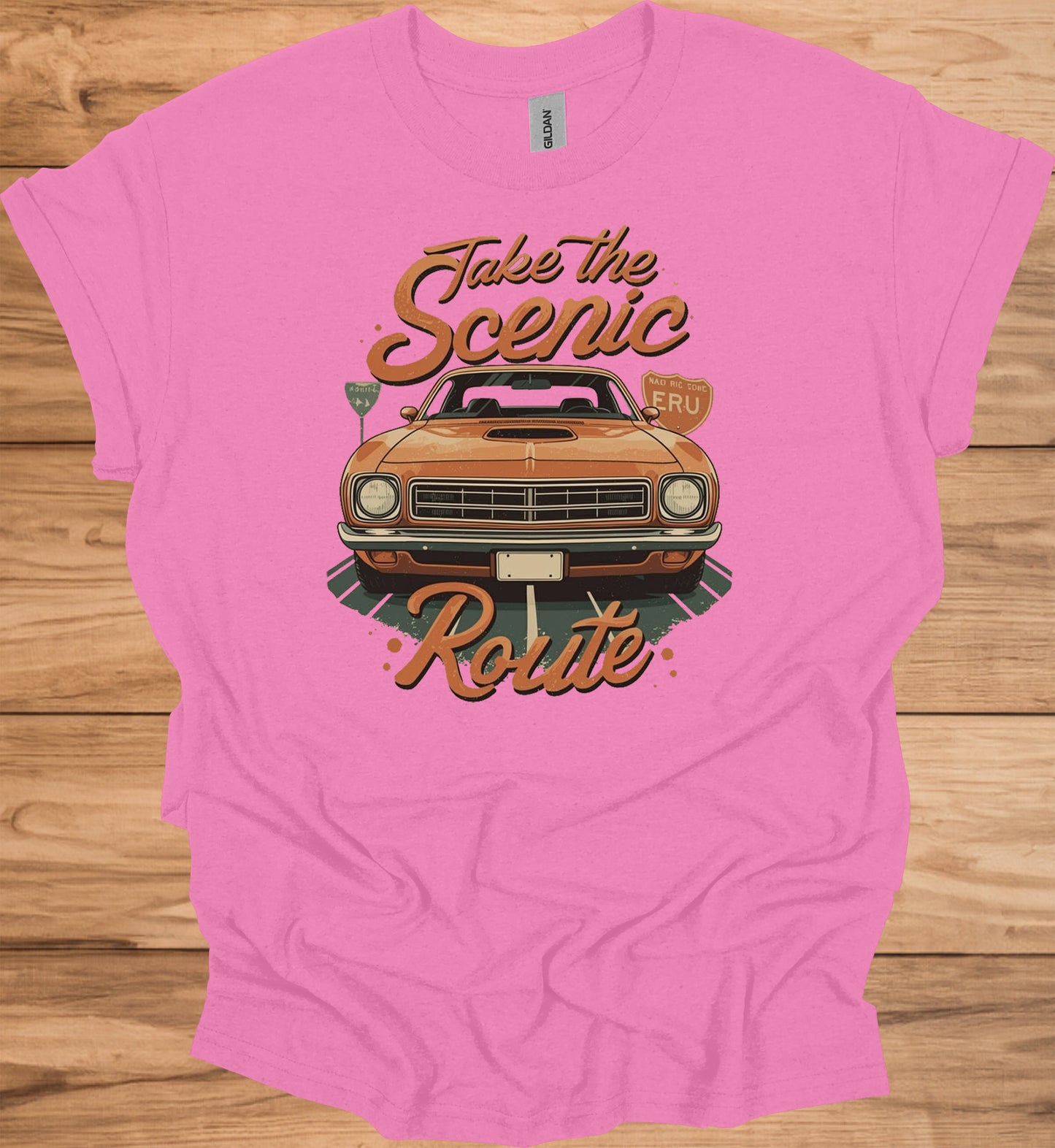 Take the Scenic Route: Vintage Muscle Car Art, 1970s Americana Design, Retro Road Trip Poster - Graphic Tee Shirt