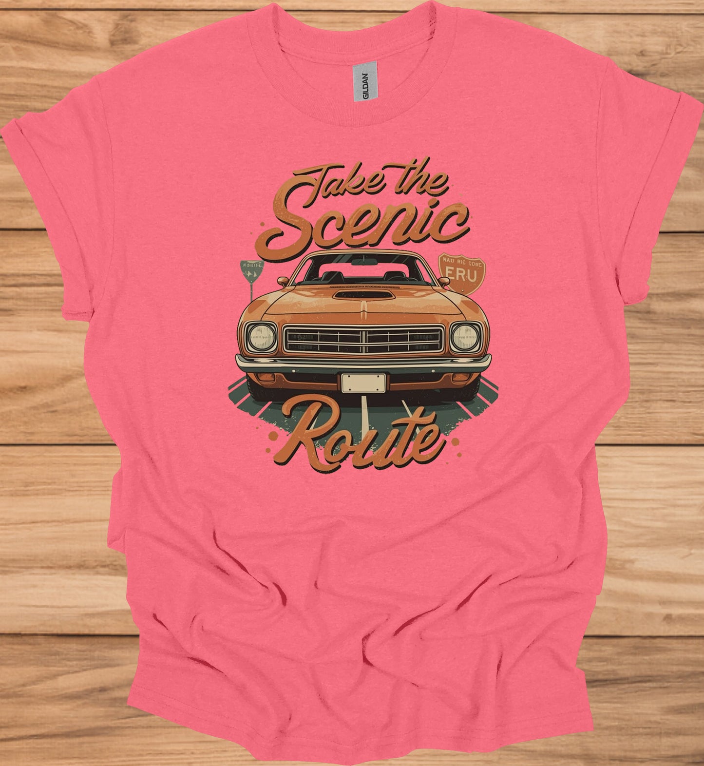 Take the Scenic Route: Vintage Muscle Car Art, 1970s Americana Design, Retro Road Trip Poster - Graphic Tee Shirt