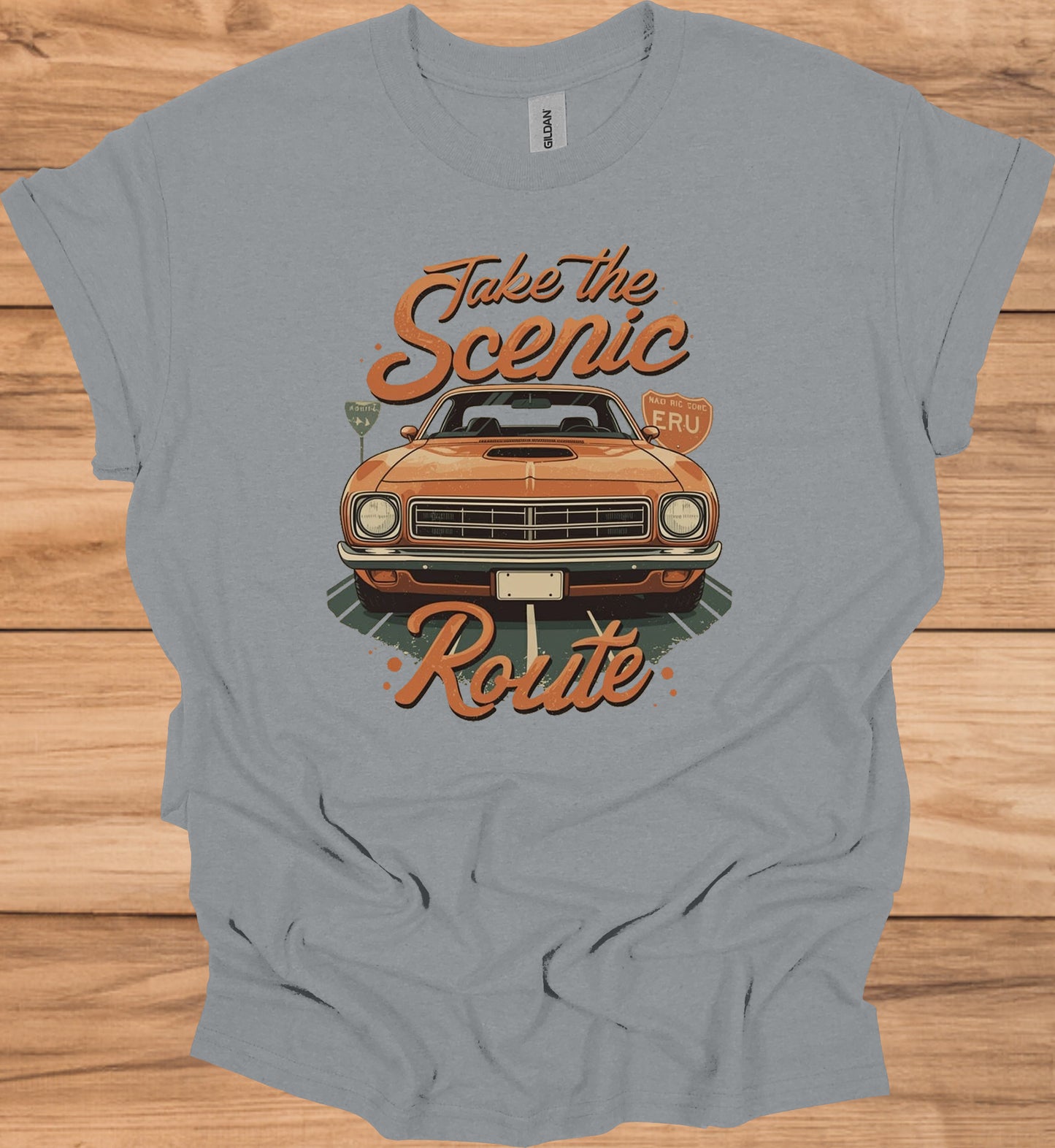 Take the Scenic Route: Vintage Muscle Car Art, 1970s Americana Design, Retro Road Trip Poster - Graphic Tee Shirt