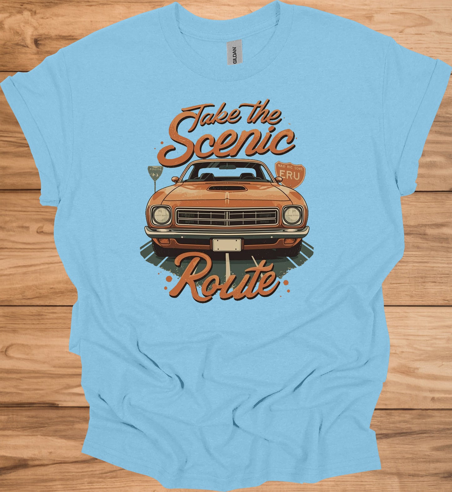 Take the Scenic Route: Vintage Muscle Car Art, 1970s Americana Design, Retro Road Trip Poster - Graphic Tee Shirt