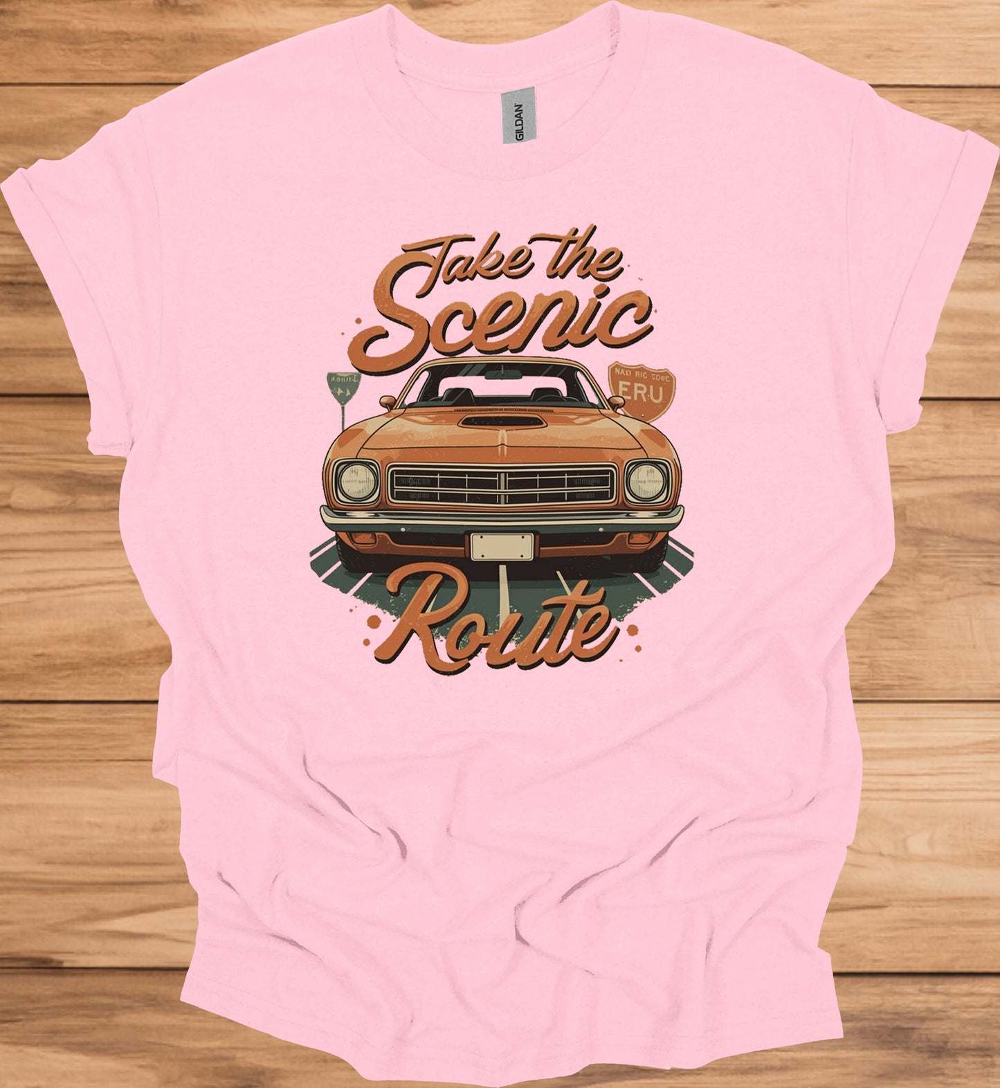 Take the Scenic Route: Vintage Muscle Car Art, 1970s Americana Design, Retro Road Trip Poster - Graphic Tee Shirt