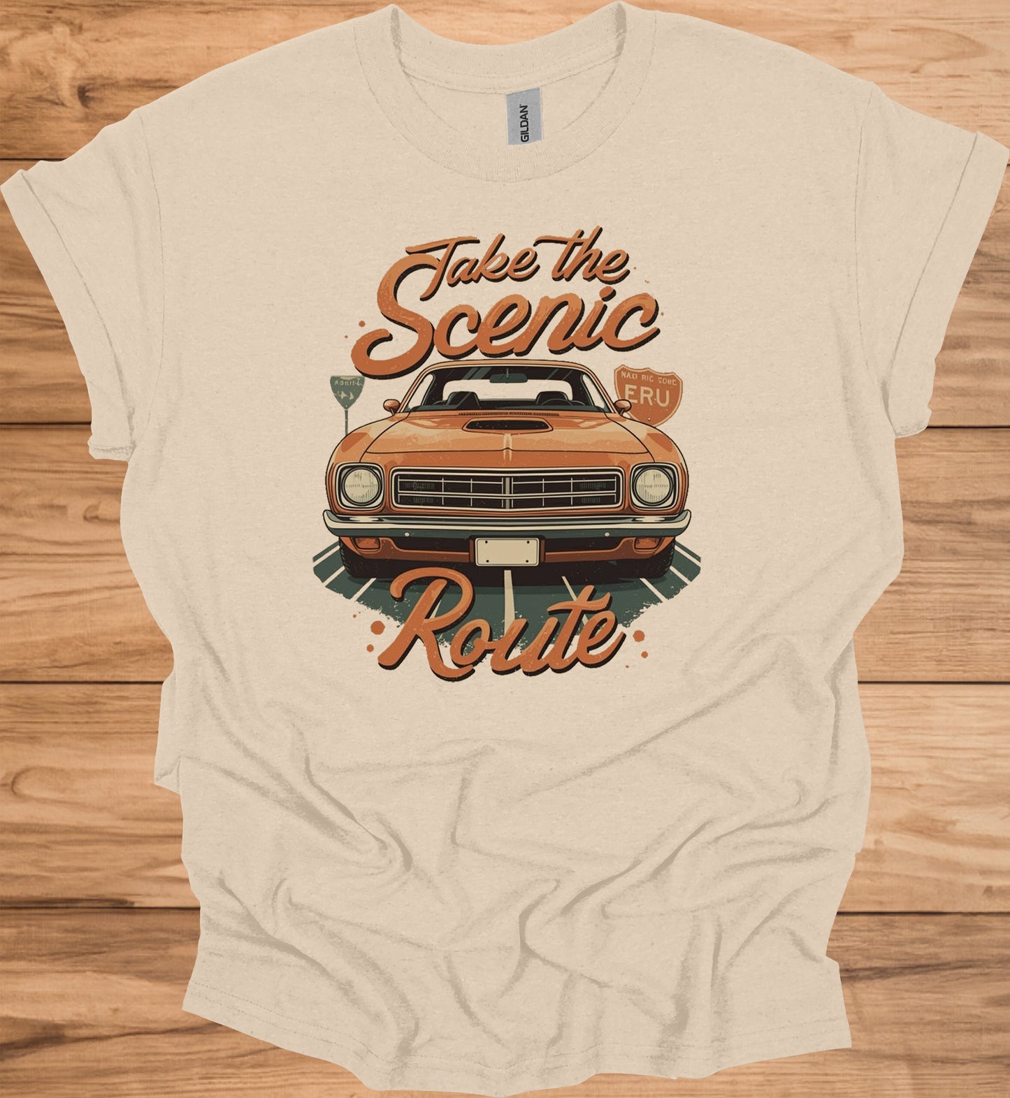 Take the Scenic Route: Vintage Muscle Car Art, 1970s Americana Design, Retro Road Trip Poster - Graphic Tee Shirt