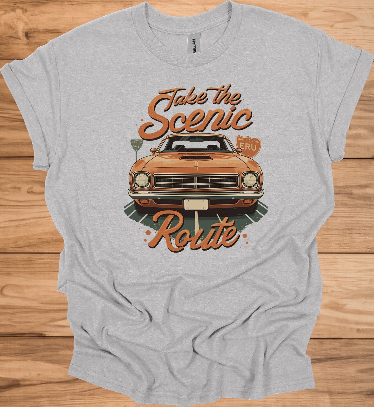 Take the Scenic Route: Vintage Muscle Car Art, 1970s Americana Design, Retro Road Trip Poster - Graphic Tee Shirt