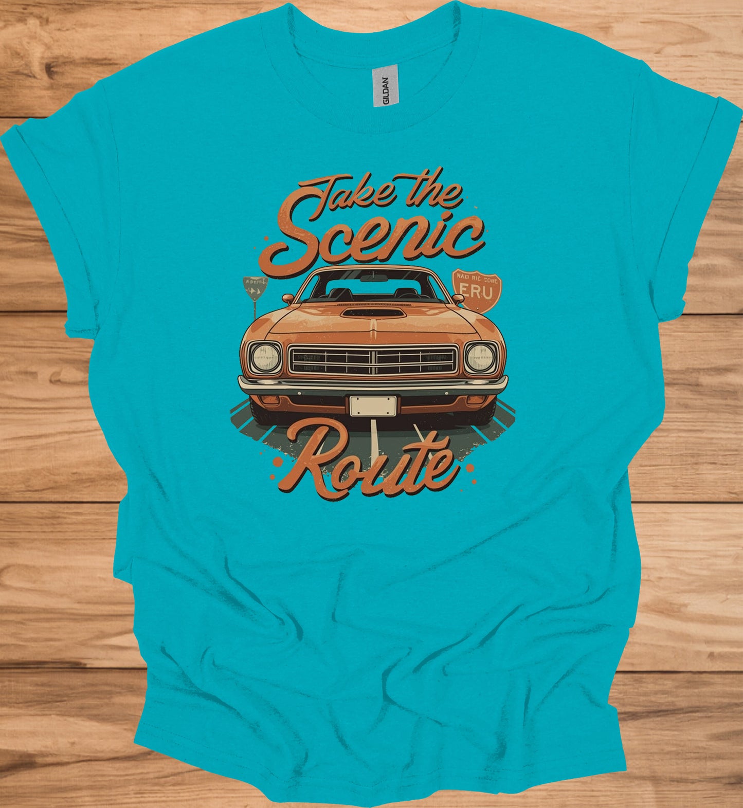 Take the Scenic Route: Vintage Muscle Car Art, 1970s Americana Design, Retro Road Trip Poster - Graphic Tee Shirt