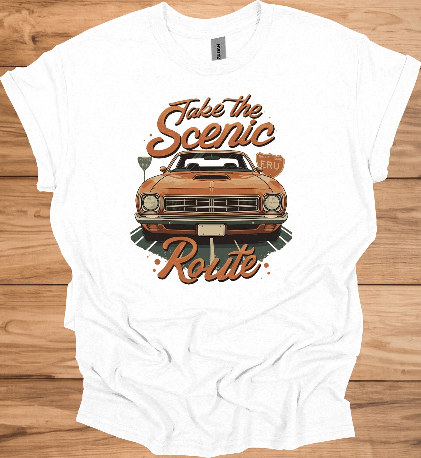 Take the Scenic Route: Vintage Muscle Car Art, 1970s Americana Design, Retro Road Trip Poster - Graphic Tee Shirt