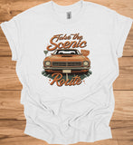 Take the Scenic Route: Vintage Muscle Car Art, 1970s Americana Design, Retro Road Trip Poster - Graphic Tee Shirt