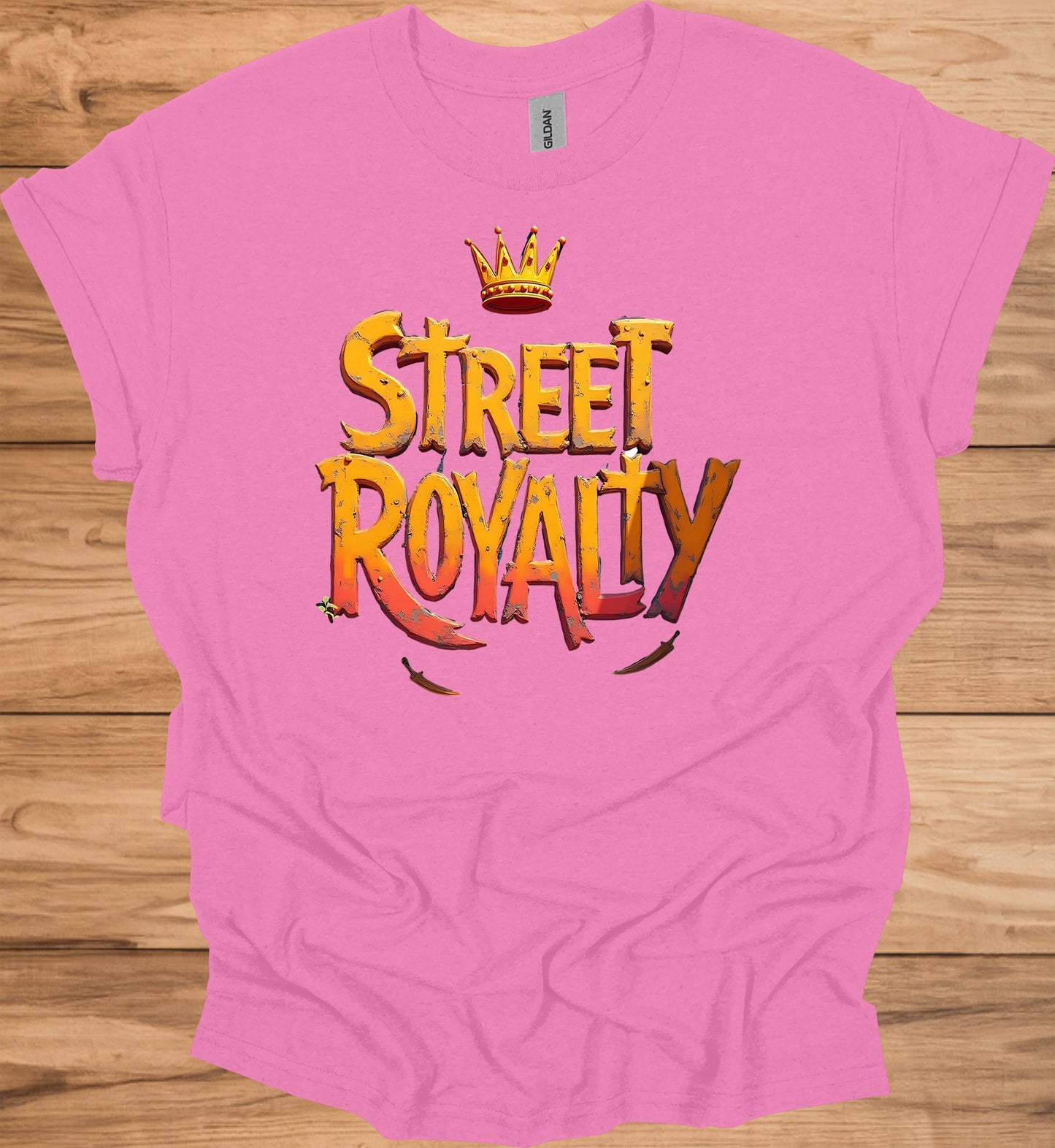 Street Royalty: Urban 3D Logo Design, Golden Crown Emblem, Gritty Textured Typography - Graphic Tee Shirt