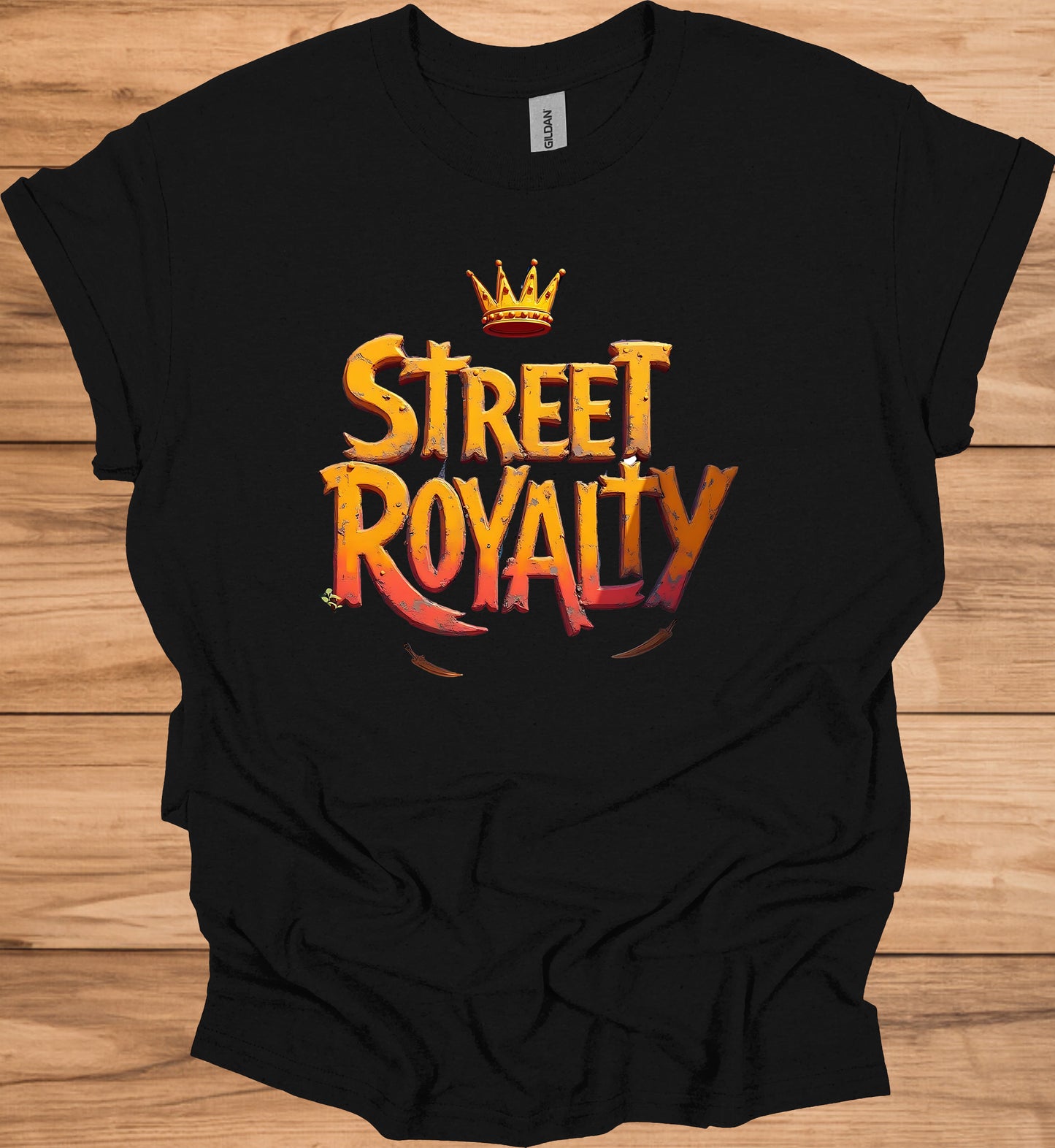 Street Royalty: Urban 3D Logo Design, Golden Crown Emblem, Gritty Textured Typography - Graphic Tee Shirt