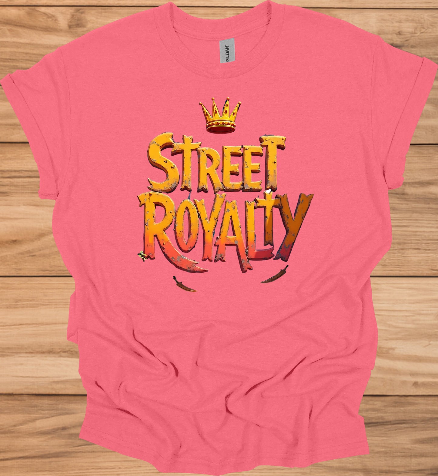 Street Royalty: Urban 3D Logo Design, Golden Crown Emblem, Gritty Textured Typography - Graphic Tee Shirt