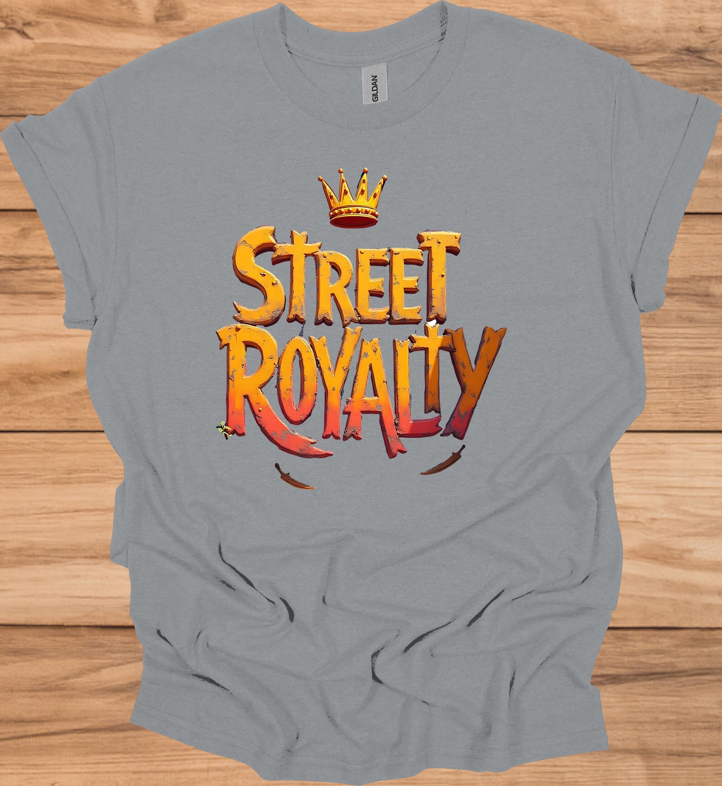 Street Royalty: Urban 3D Logo Design, Golden Crown Emblem, Gritty Textured Typography - Graphic Tee Shirt