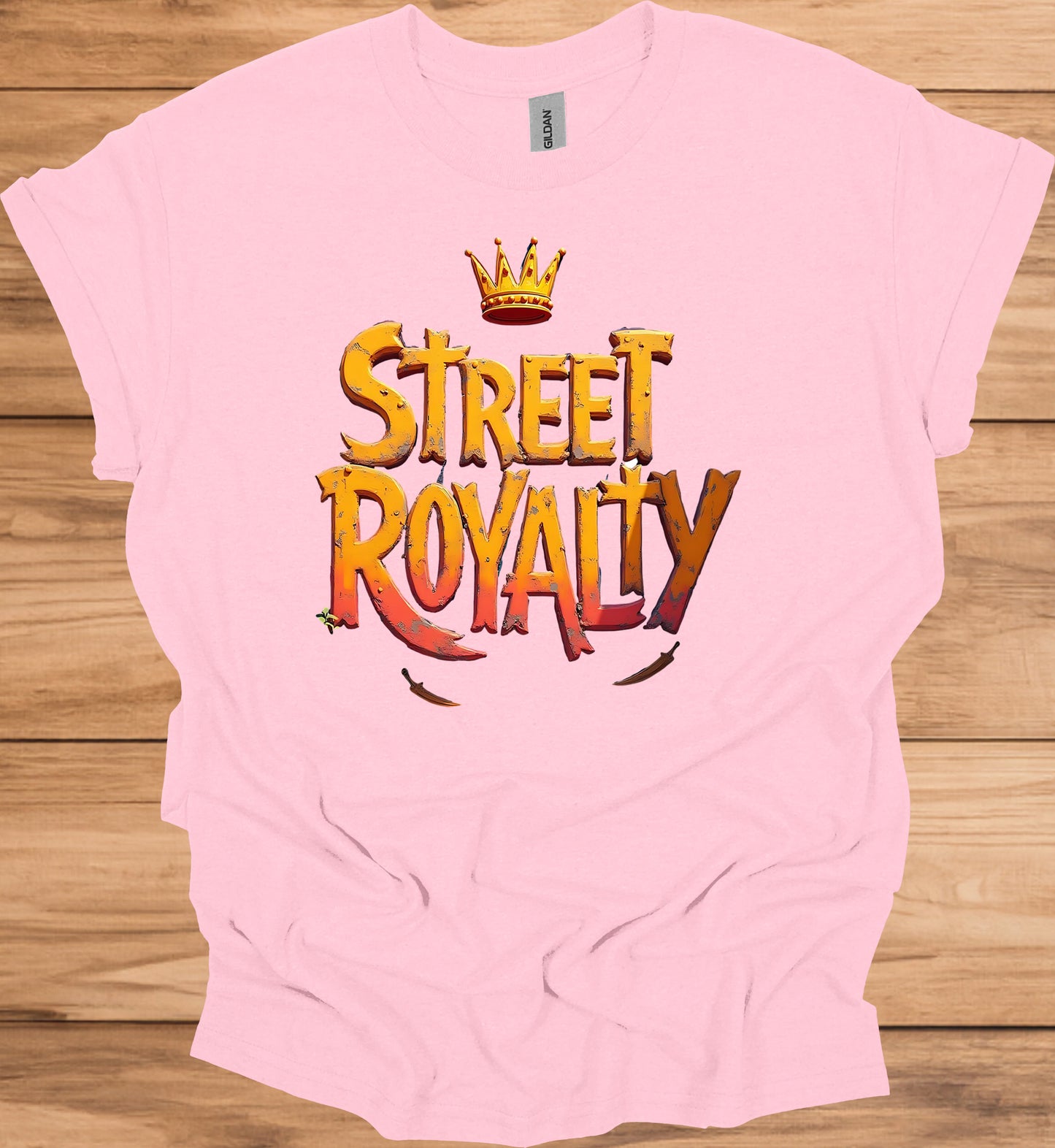 Street Royalty: Urban 3D Logo Design, Golden Crown Emblem, Gritty Textured Typography - Graphic Tee Shirt