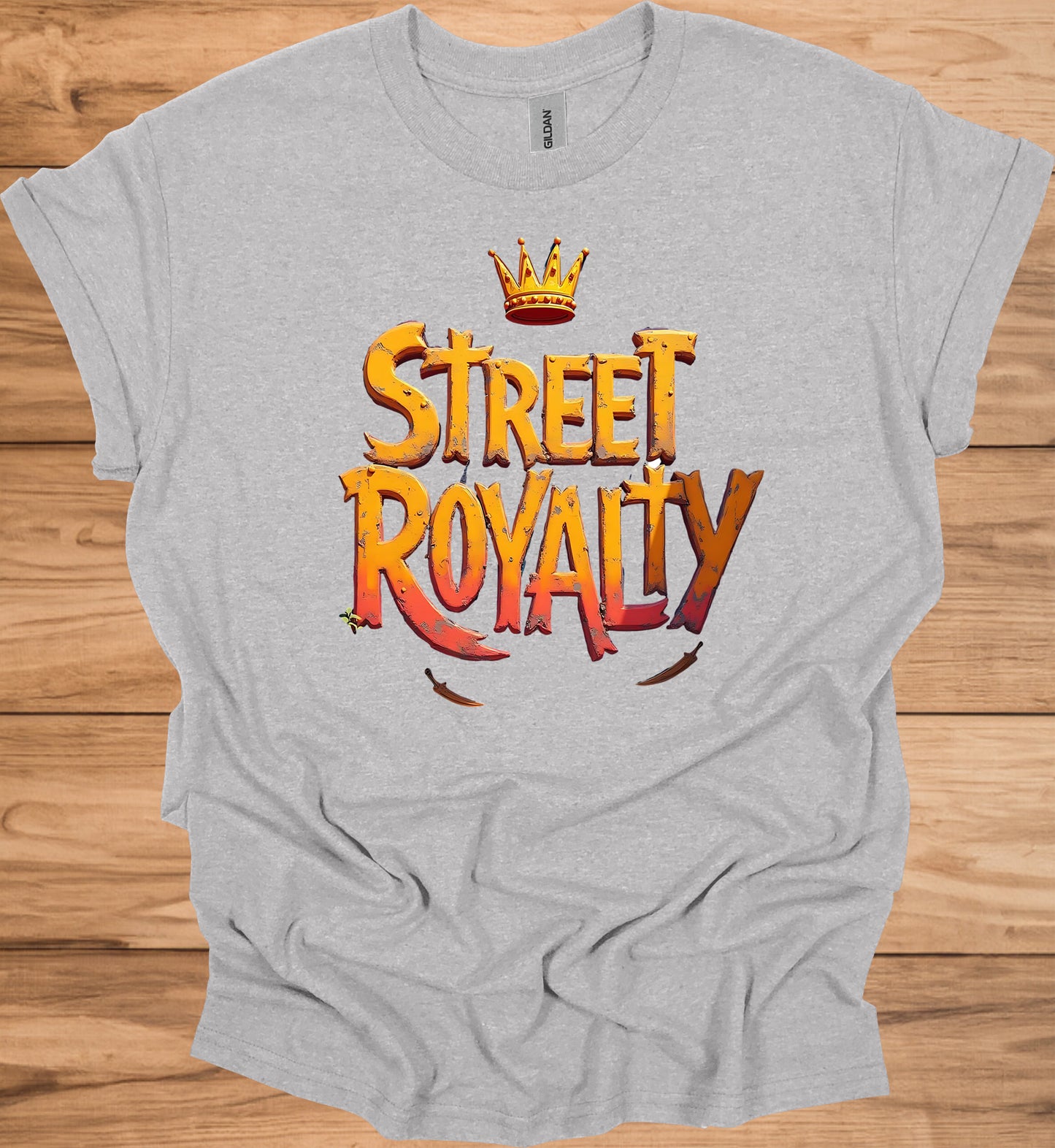 Street Royalty: Urban 3D Logo Design, Golden Crown Emblem, Gritty Textured Typography - Graphic Tee Shirt