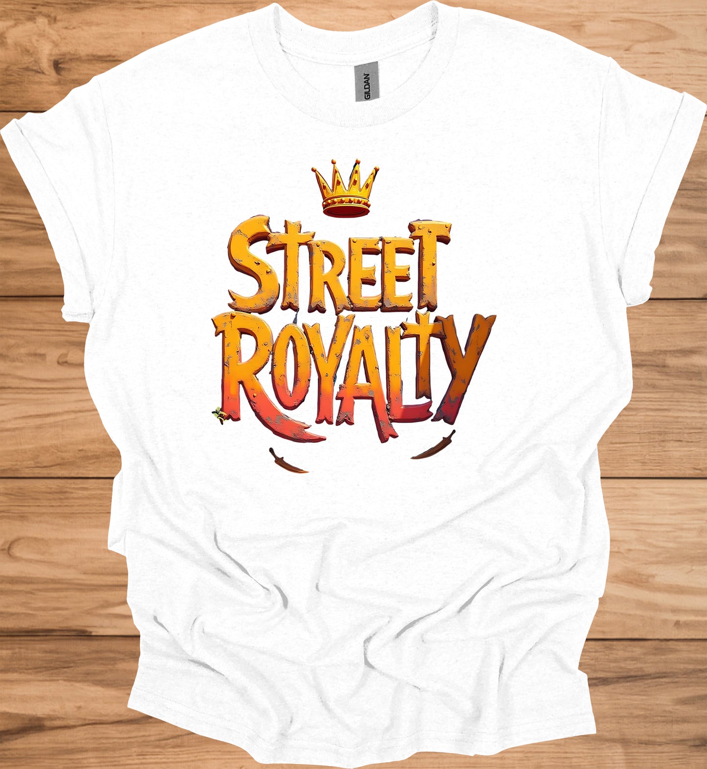 Street Royalty: Urban 3D Logo Design, Golden Crown Emblem, Gritty Textured Typography - Graphic Tee Shirt