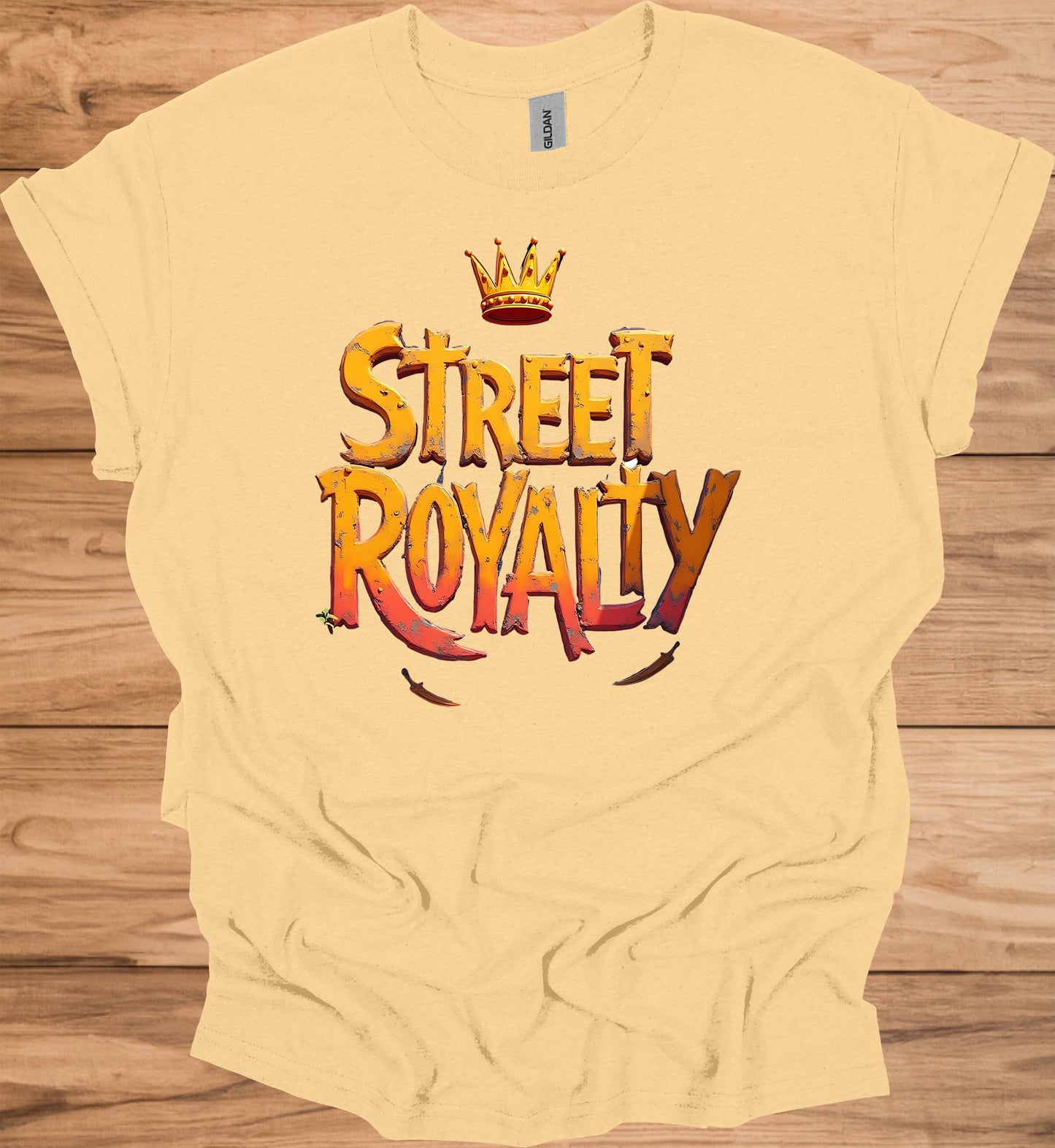 Street Royalty: Urban 3D Logo Design, Golden Crown Emblem, Gritty Textured Typography - Graphic Tee Shirt