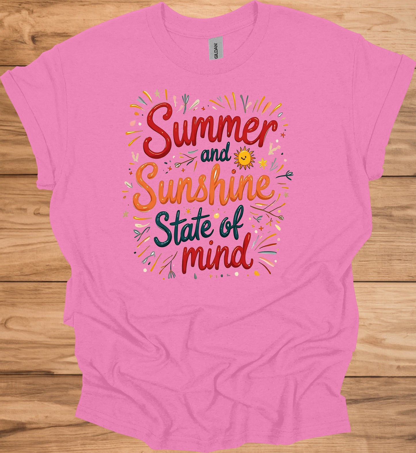 Summer Sunshine State of Mind: Vibrant Typography Art, Whimsical Hand-Drawn Illustrations, Colorful Summer-Themed Design - Graphic Tee Shirt