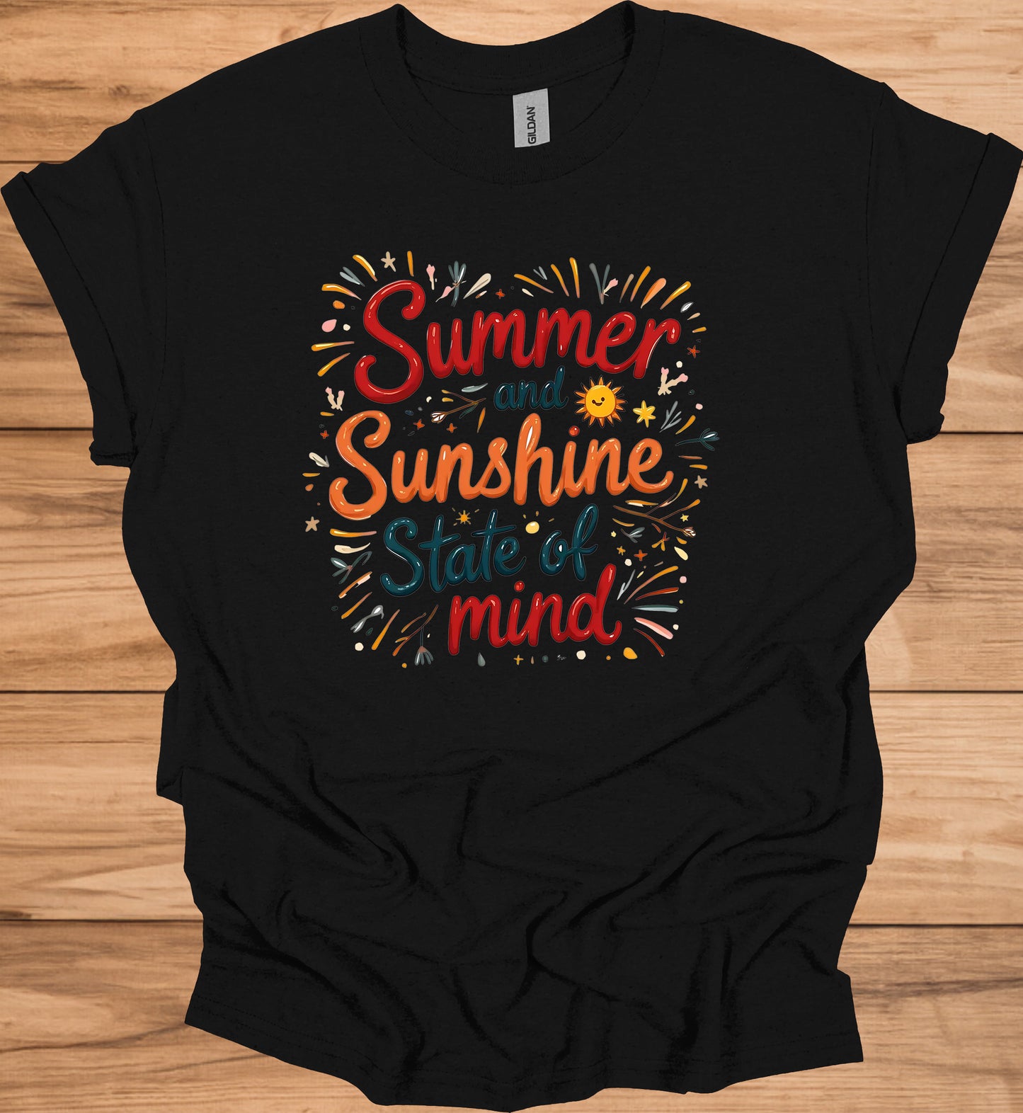 Summer Sunshine State of Mind: Vibrant Typography Art, Whimsical Hand-Drawn Illustrations, Colorful Summer-Themed Design - Graphic Tee Shirt