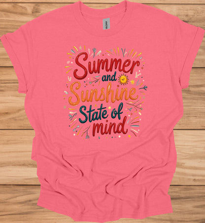 Summer Sunshine State of Mind: Vibrant Typography Art, Whimsical Hand-Drawn Illustrations, Colorful Summer-Themed Design - Graphic Tee Shirt