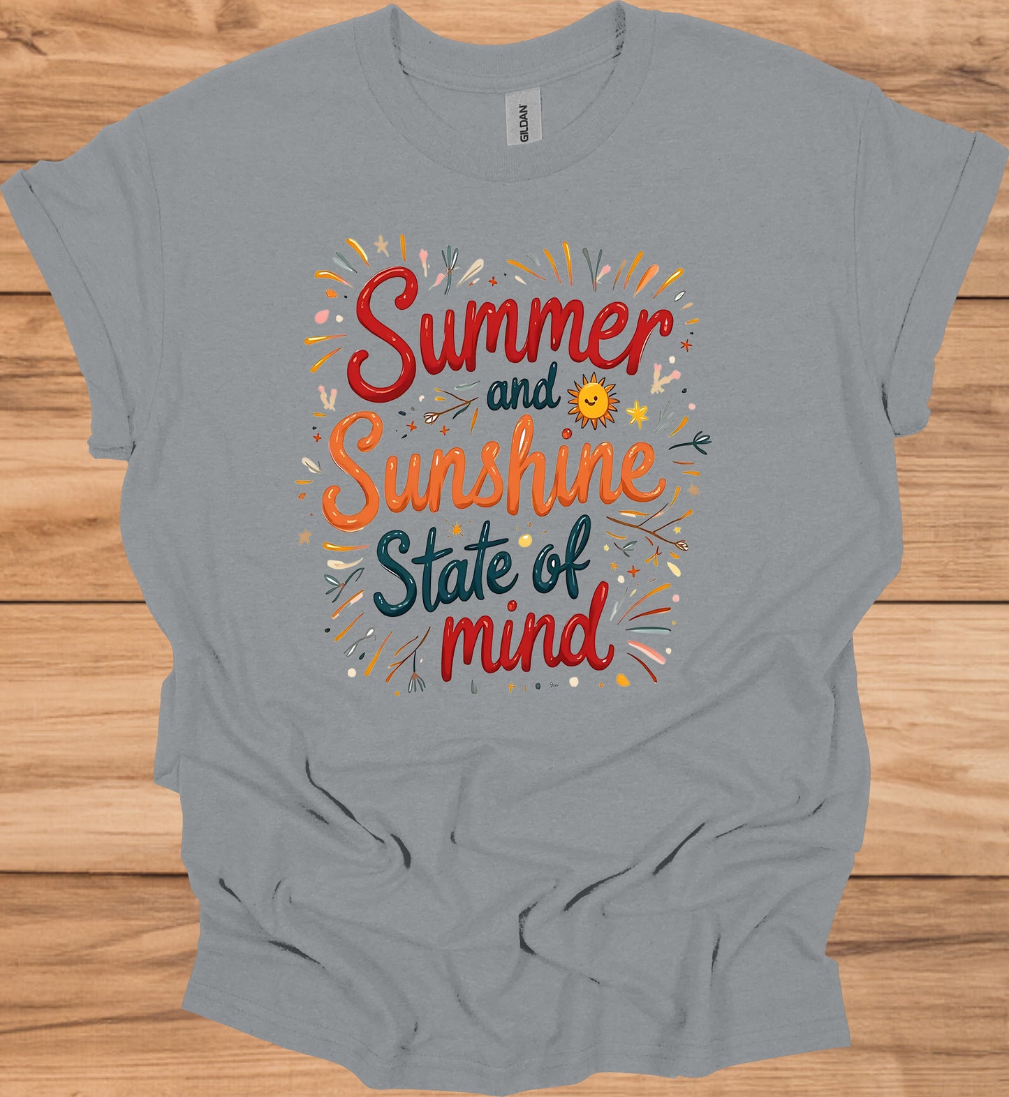 Summer Sunshine State of Mind: Vibrant Typography Art, Whimsical Hand-Drawn Illustrations, Colorful Summer-Themed Design - Graphic Tee Shirt