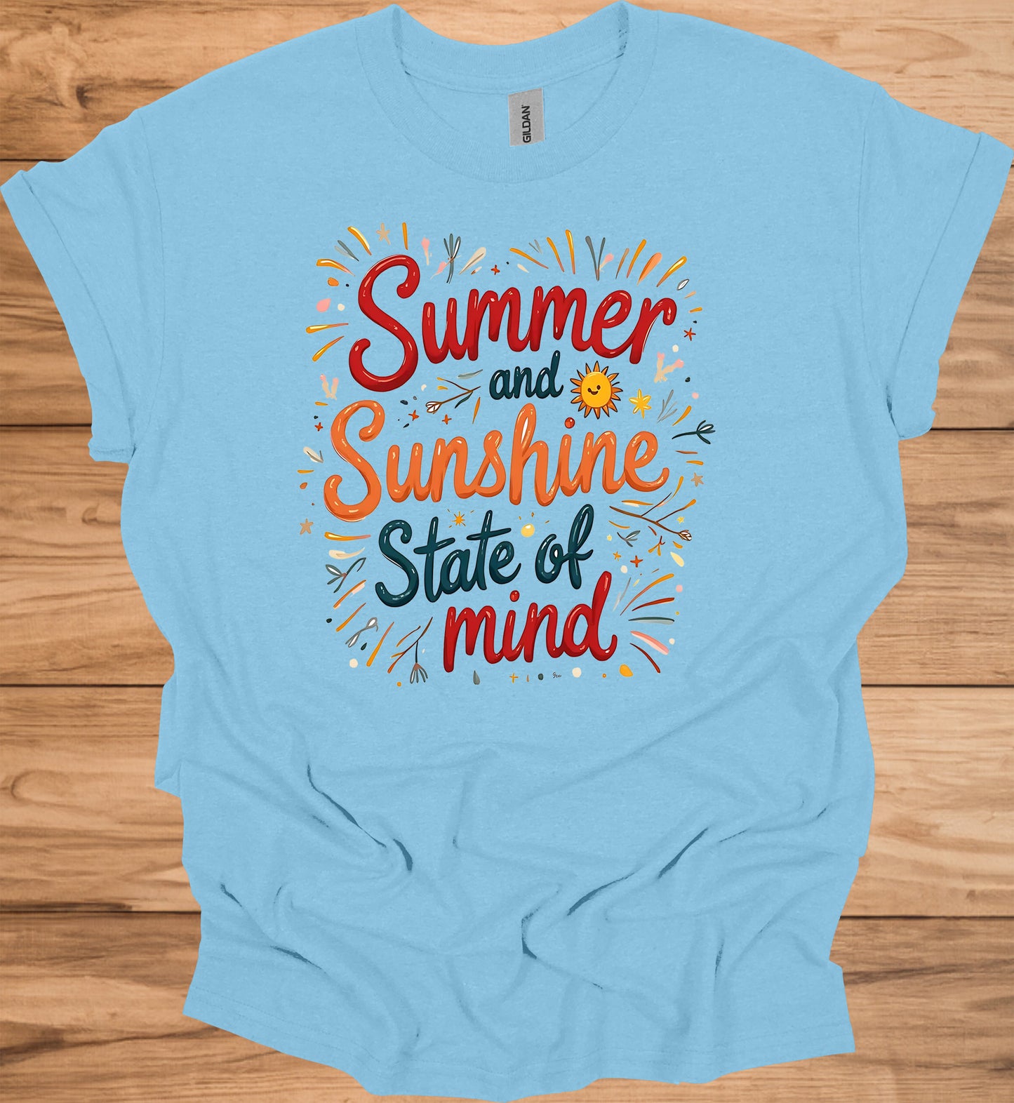 Summer Sunshine State of Mind: Vibrant Typography Art, Whimsical Hand-Drawn Illustrations, Colorful Summer-Themed Design - Graphic Tee Shirt