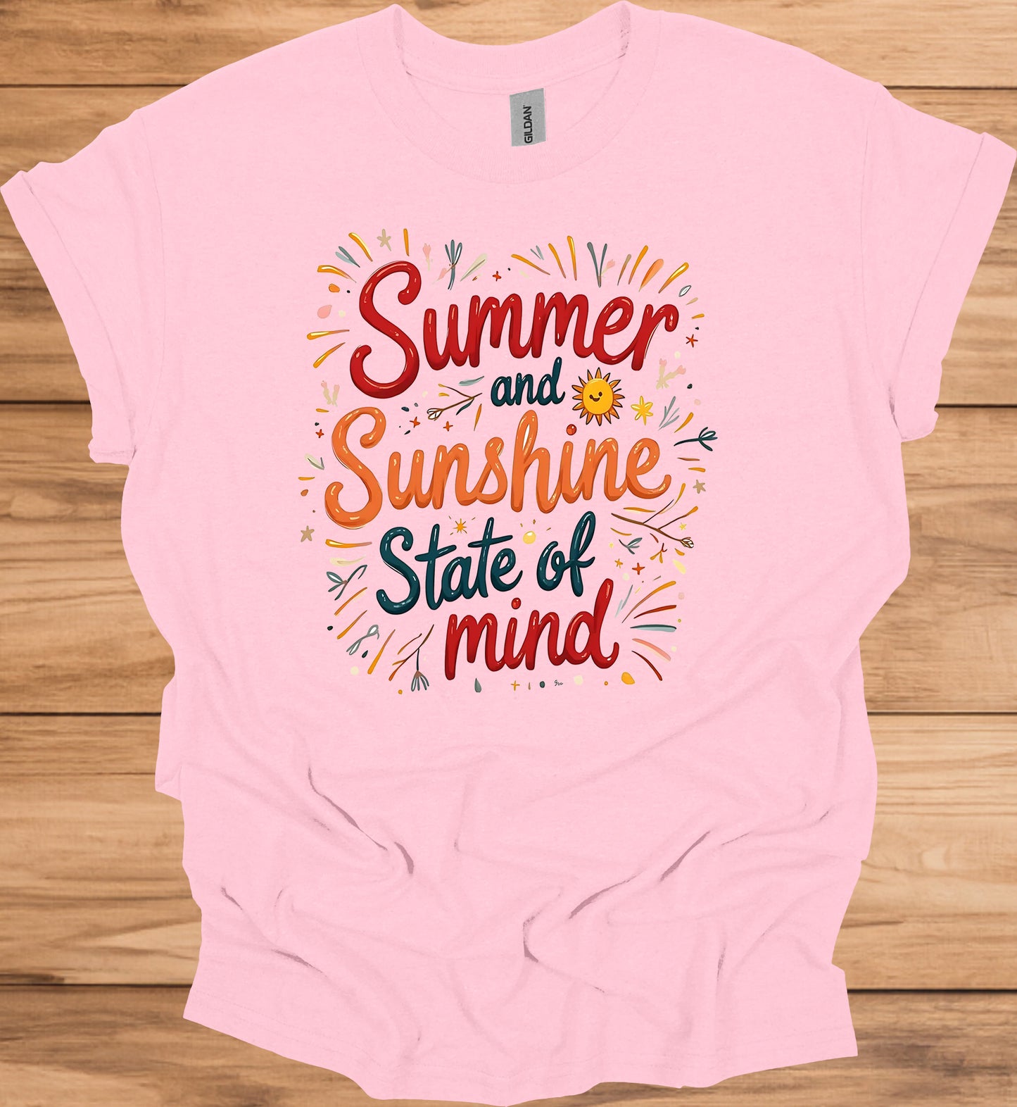 Summer Sunshine State of Mind: Vibrant Typography Art, Whimsical Hand-Drawn Illustrations, Colorful Summer-Themed Design - Graphic Tee Shirt